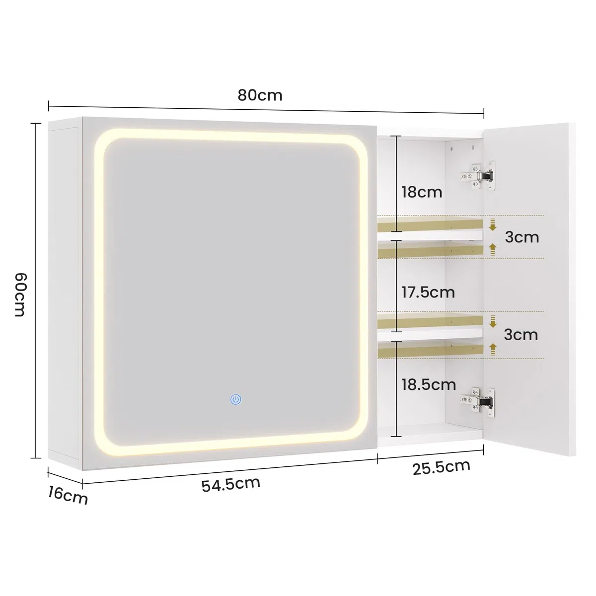 Armoire Murale Salle de Bain avec Éclairage LED et Miroir HD, Armoire de Toilette avec Étagères Réglables, 3 Températures + Intensité Réglable, Meuble de Salle de Bain, Blanc 16 x 60 x 80 cm