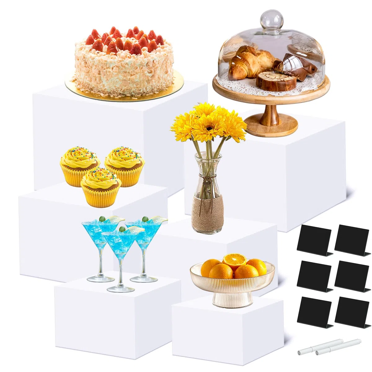 Afeeler Lot de 6 Presentoir Aperitif Buffet Cube, Présentoir a Gâteaux Acrylique avec fond creux, Supports de Buffet Mariage pour Traiteur Dessert Figurines Aliments (Blanc, 5-10in)