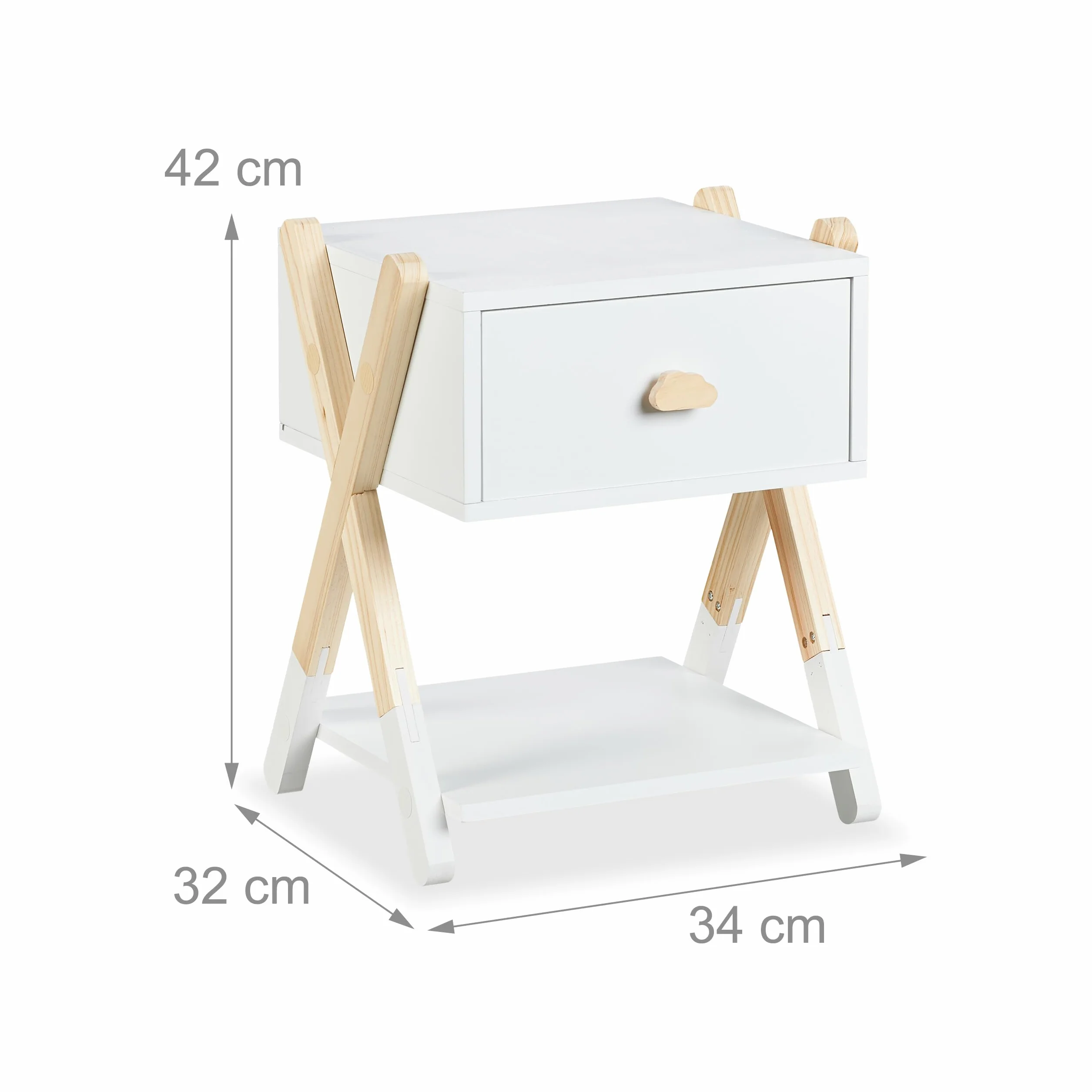 Relaxdays Table de Chevet, pour Votre Bout de Chou, Bois de pin & MDF, H x L x P : env. 42 x 34 x 32 cm, Blanc et Nature