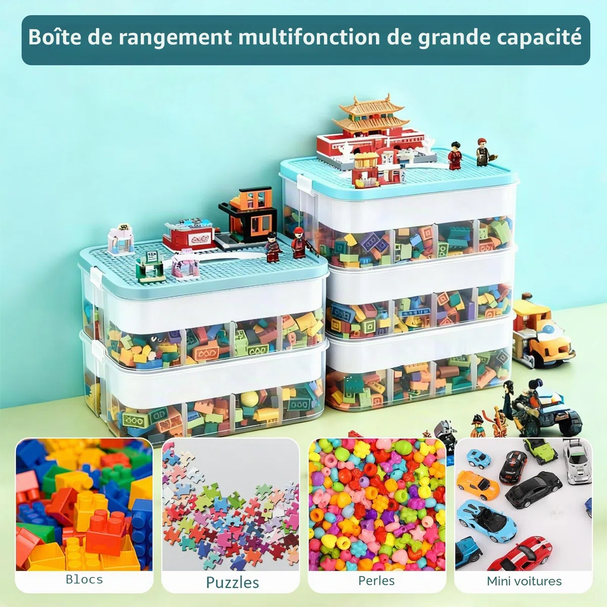 Boîte de rangement organisateur pour jouets Lego empilable, boîtier de rangement conteneur à jouets multi-compartiments pour tri de blocs de construction, mallette portable pour blocs