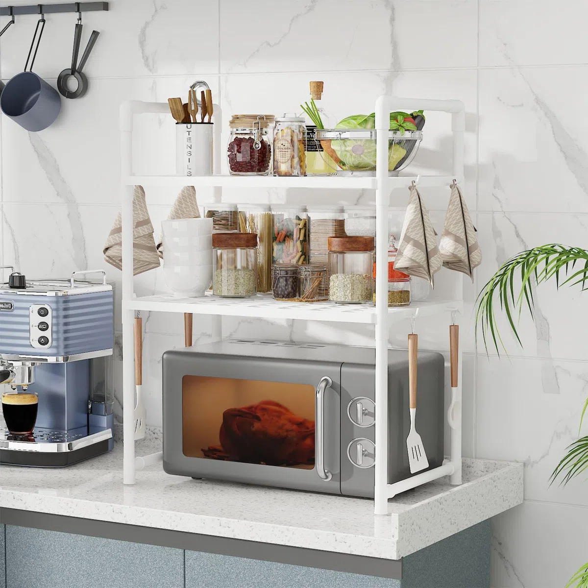 Étagère de Four à Micro-Ondes, étagère avec Crochets, Organiseur de comptoir de Cuisine – Étagère de Rangement Utilitaire réglable et Robuste pour la Cuisine