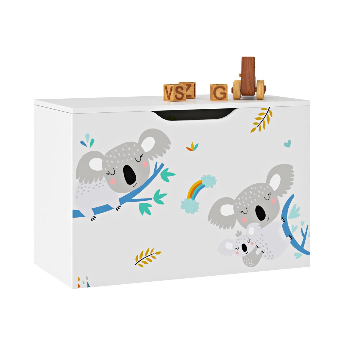 [en.casa] Coffre à Jouets pour Enfant Meuble de Rangement à Couvercle Rabattable Banc à Motif Koala Capacité de Charge 70 kg Panneau de Particules 40 x 60 x 30 cm Blanc Gris Bleu