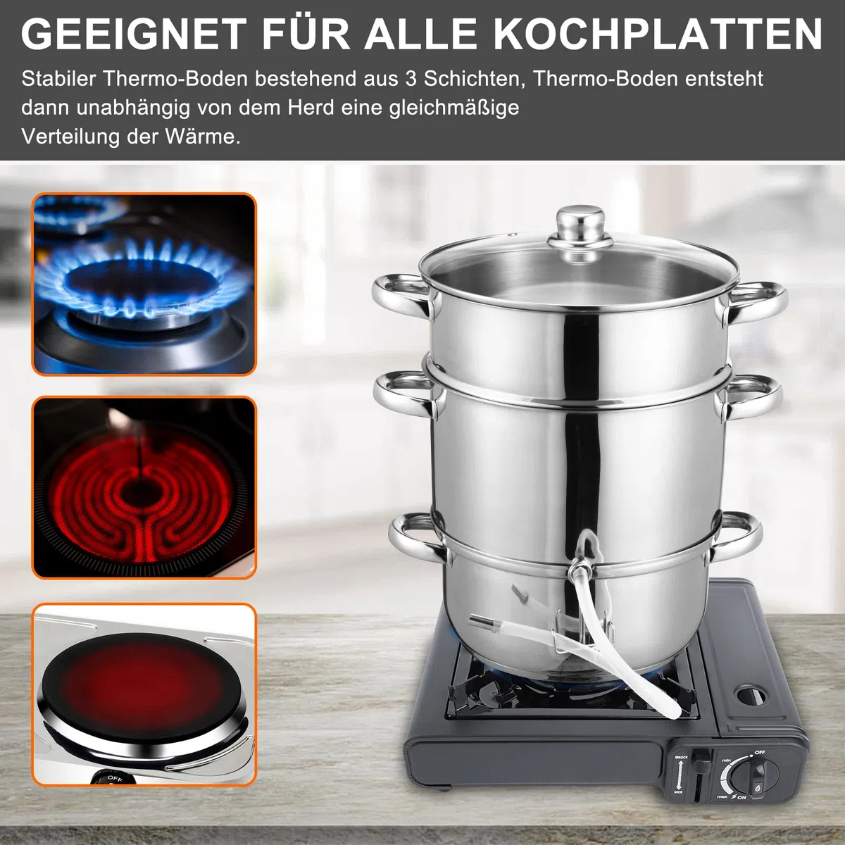 Ikodm Extracteur de Jus à Vapeur, 8L INOX Ø 26cm Extracteur de jus pour Fruits et légumes, convient à tous les types de cuisinières, y compris l'induction