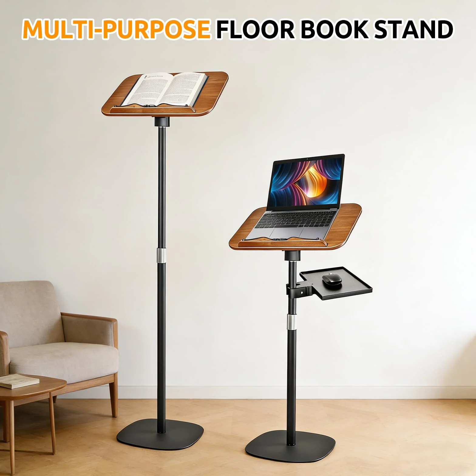 Support de sol pour livres, livres de cuisine, pupitres en bois avec plateau pour souris | Support de lecture au sol réglable en hauteur (50-170 cm) pour salle de classe