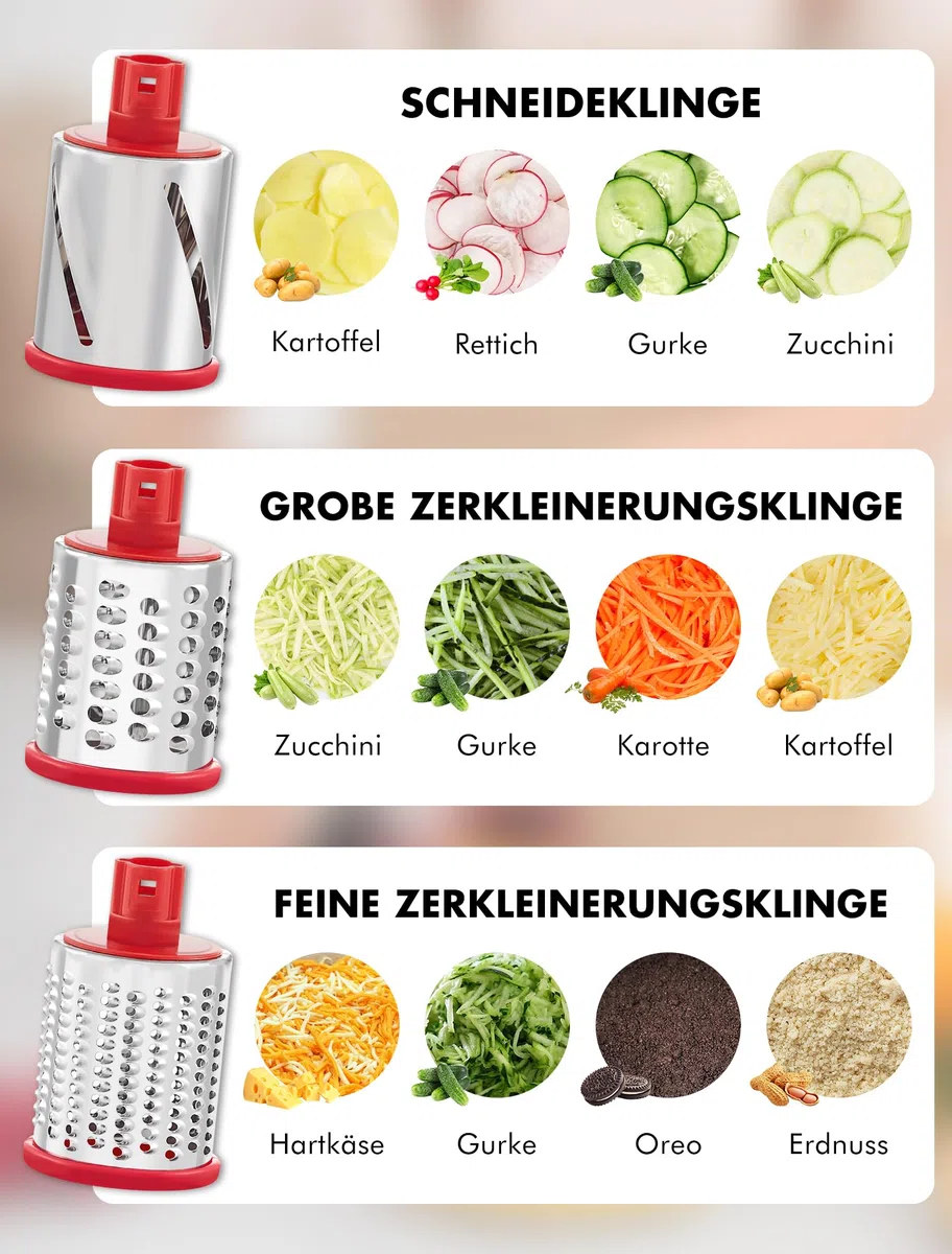 GDL Râpe à Fromage, Rapeuse Legume Fromage avec 5 Lames de Tambour, Moulin a Rapeuse Legume Manuelle Rapide et Facile, Rape Fromage Legume pour Fromage, Glace, Noix, Concombre, Carotte, Rouge