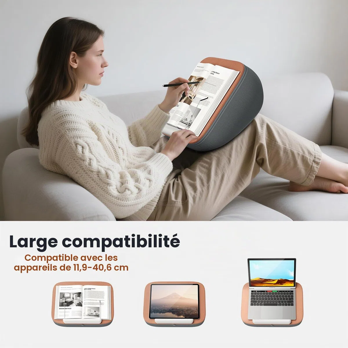 Tounee Support de lecture - Coussin beanbag ultra doux pour livres/tablettes - Lecture sans main lit/canapé - Réduit tension cervicale - Idéal lecteurs & tablettes - Gris