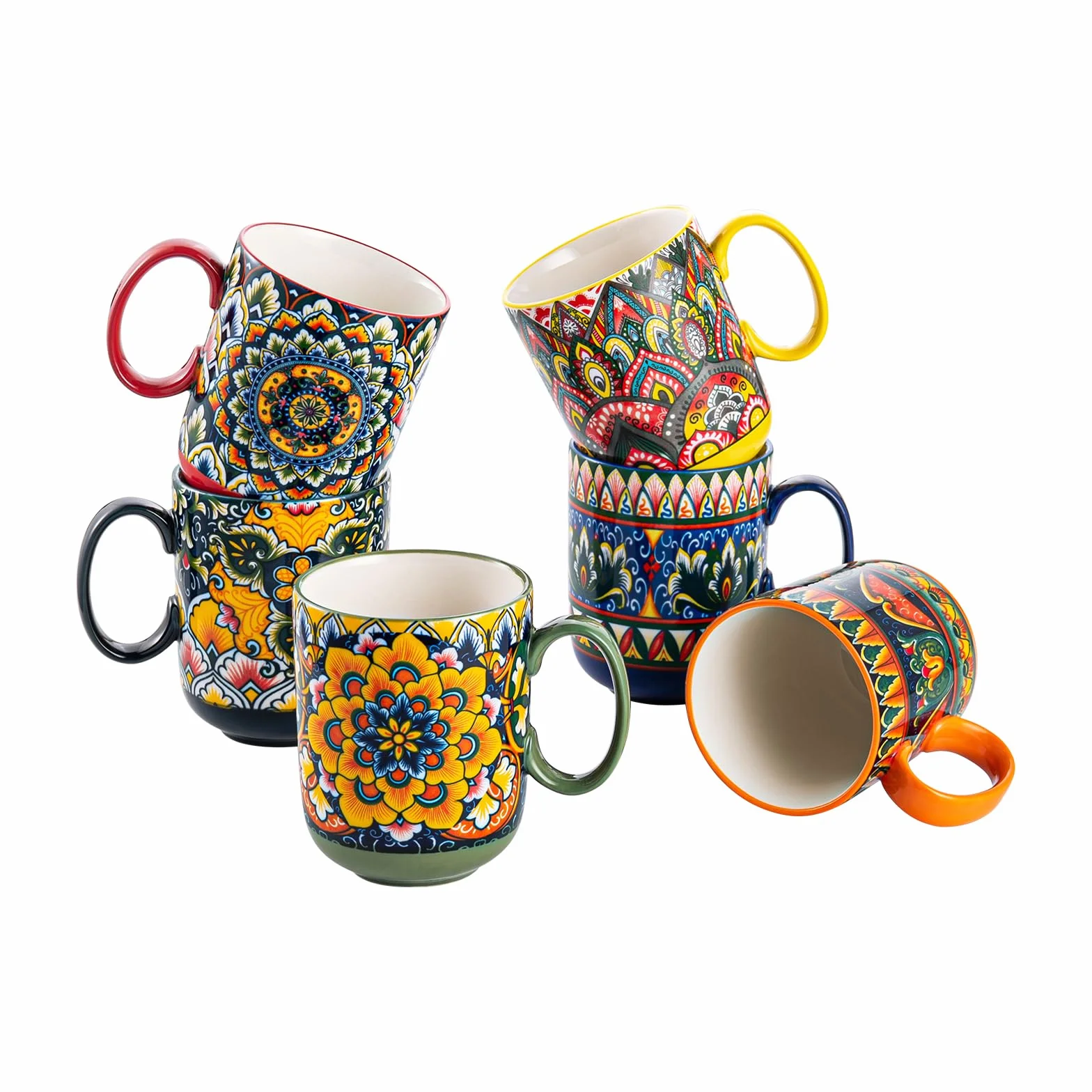 Henten Home Lot de 6 Grandes Tasses à Café en Porcelaine, 400ml Mugs avec Anse pour Thé, Café, Lait, Cappuccino, Résistant au Lave-vaisselle et Micro-ondes