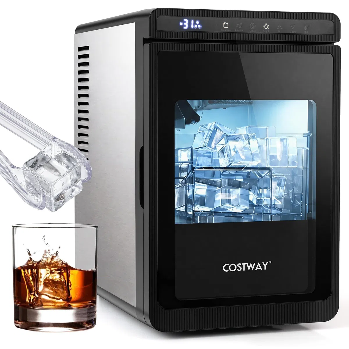 COSTWAY Machine a Glacons Transparents de Comptoir | Machine à Glace Silencieuse 12 kg/24h, Glaçons Carrés 4 cm à Fonte Lente, Épaisseur Réglable Auto-Nettoyage, Minuterie 24H