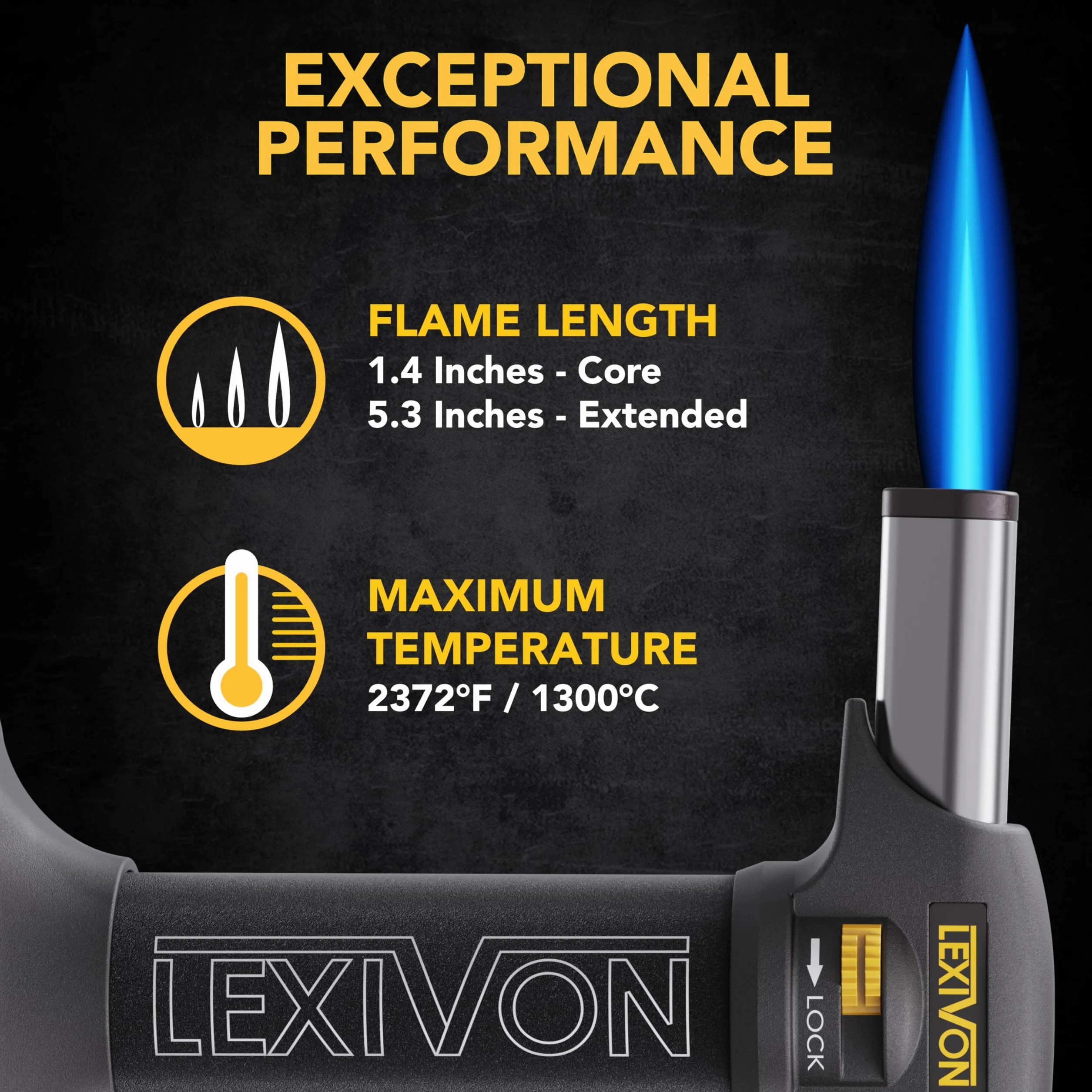 LEXIVON Chalumeau de Cuisine au Butane, Rechargeable | Allumage Automatique avec Verrou de Sécurité et Flamme Réglable | Réservoir en Aluminium de Qualité Professionnelle (LX-775)