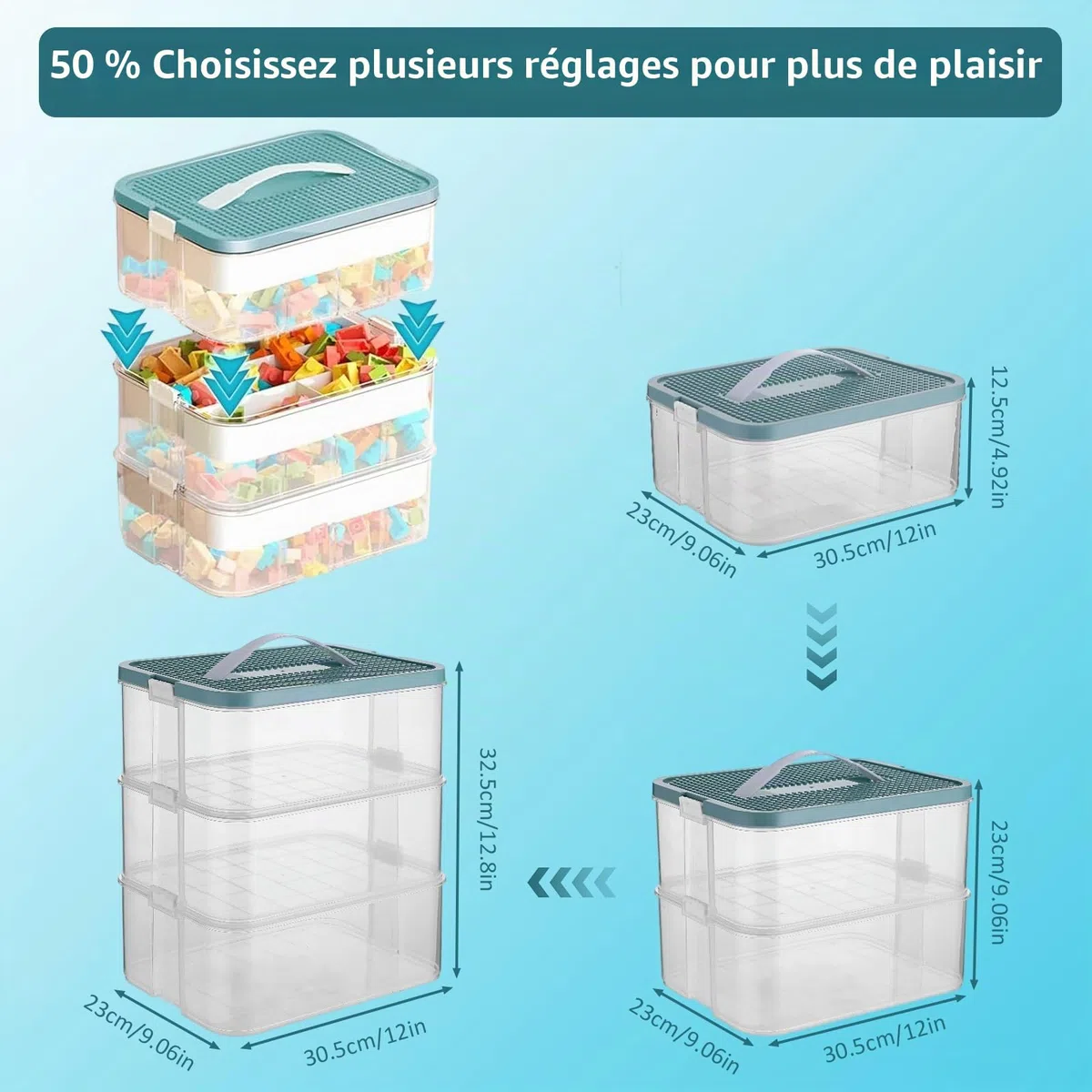Boîte de rangement organisateur pour jouets Lego empilable, boîtier de rangement conteneur à jouets multi-compartiments pour tri de blocs de construction, mallette portable pour blocs