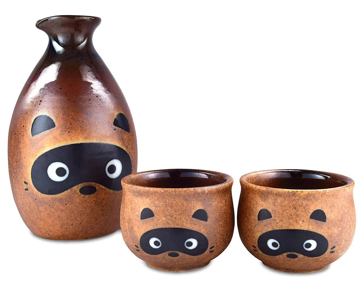 Mino Ware Traditional Japanese Sake Set, Tokkuri Bottle and 2 Ochoko Cups, Tanuki Japanese Racoon Dog
