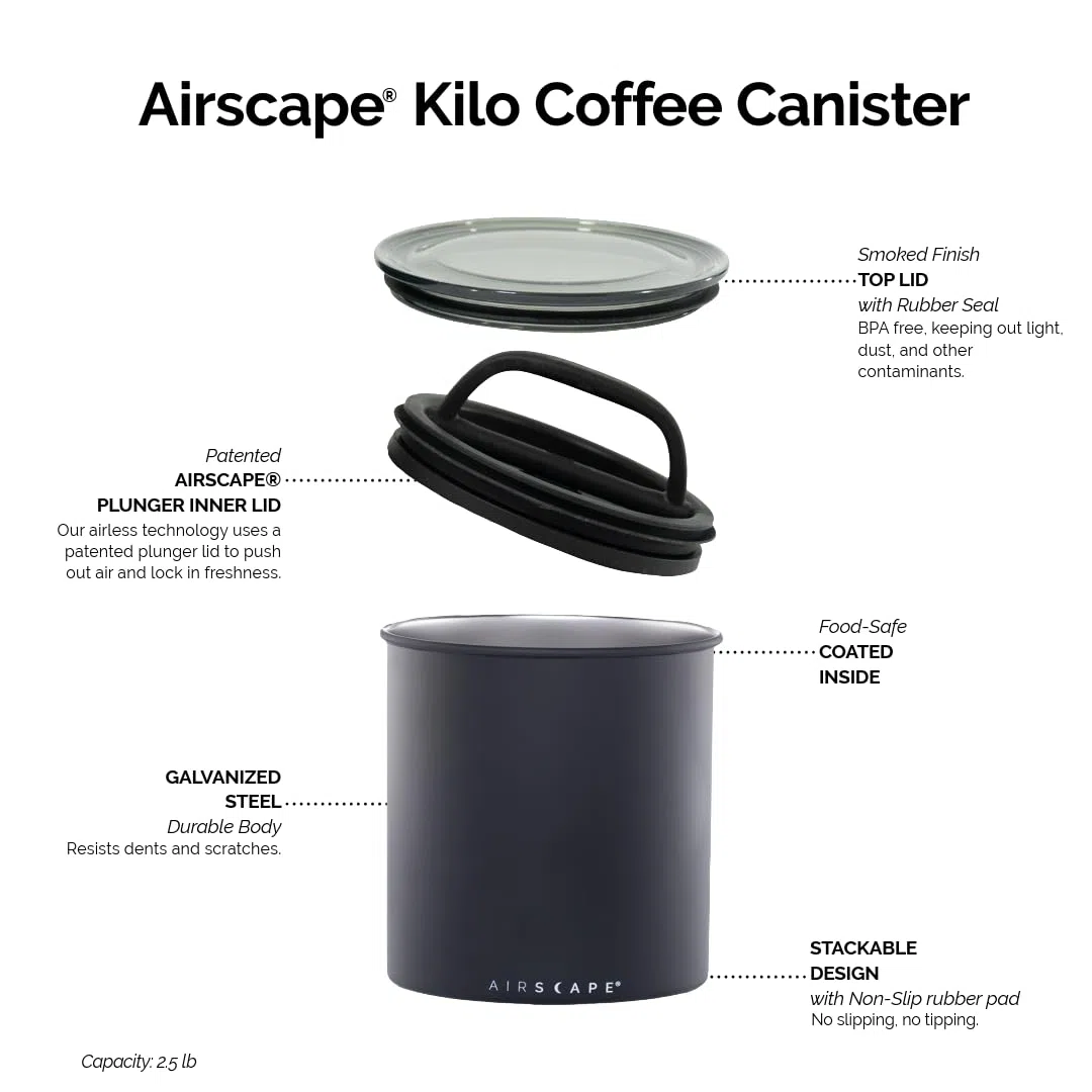 Airscape Boîte de rangement pour café (grains secs de 1,1 kg) – Grande capacité de kilo avec couvercle breveté à libération hermétique pour évacuer l'air pour préserver la fraîcheur - mat noir
