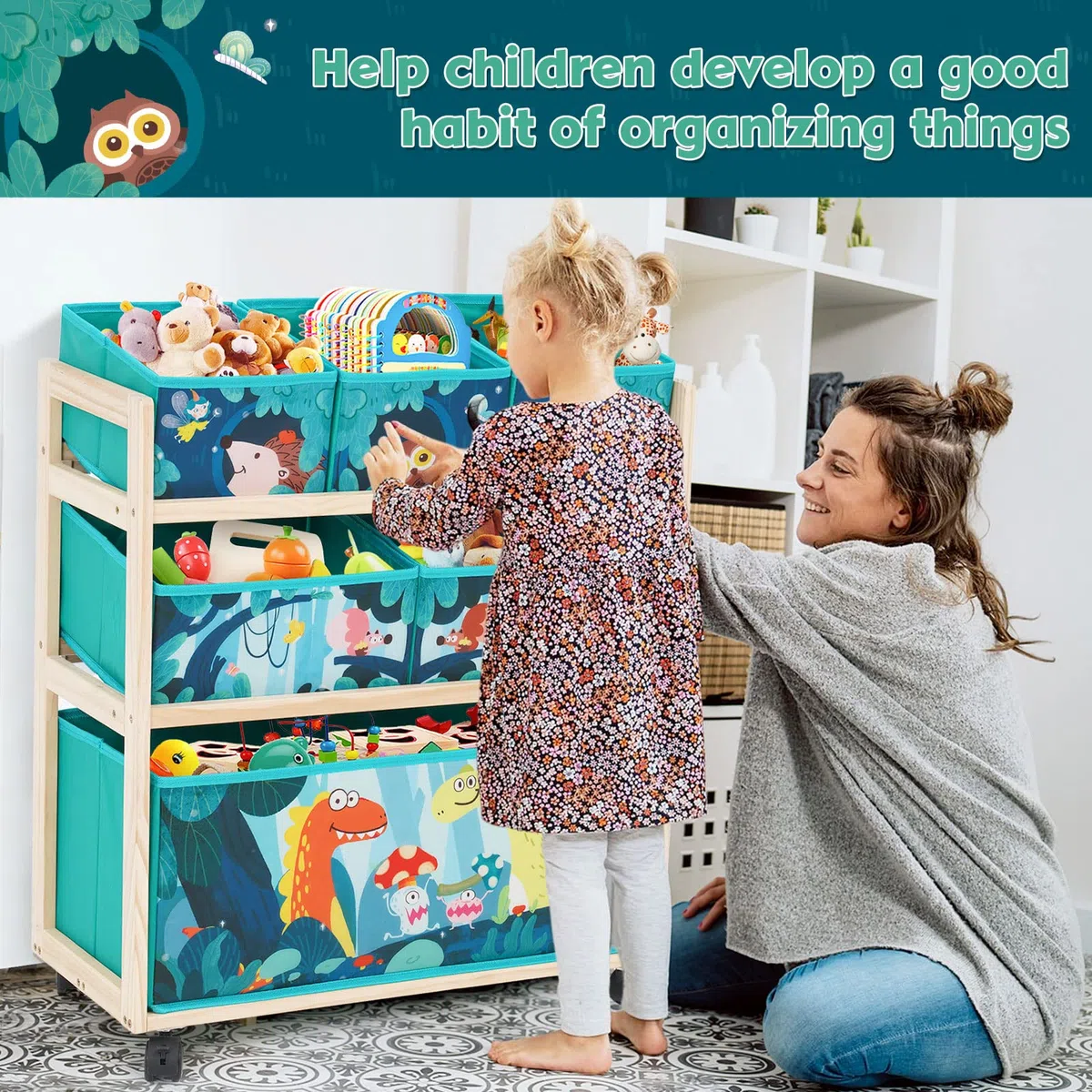 HOMCENT Organisateur de Jouets pour Enfants avec Roues et 6 bacs pour Ranger Les Jouets pour la Chambre des Enfants Chambre des garçons Filles, Vert 64x28x60 cm