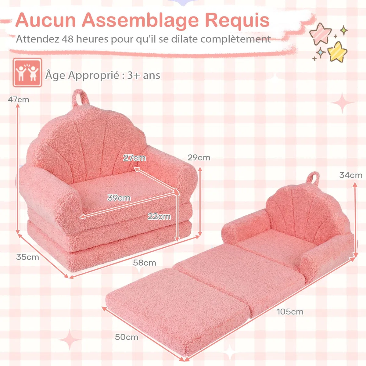 COSTWAY 2 en 1 Canapé-lit Enfant Pliable avec Motif Coquillage, Fauteuil Enfant Convertible en Polaire Teddy avec Housse Amovible & Lavable, Chauffeuse 1 Place pour Cadeau d'anniversaire Fête (Rose)