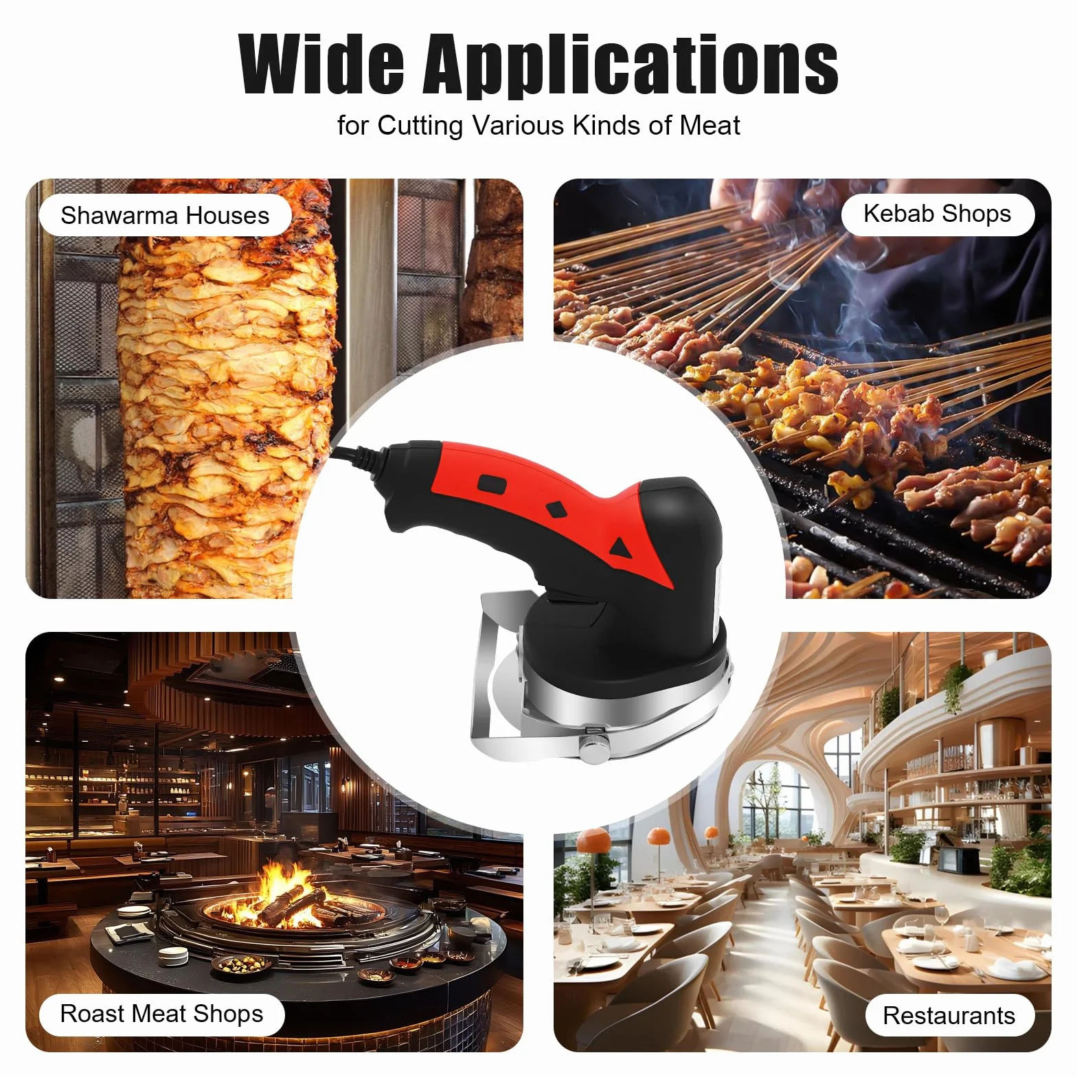 Couteau électrique à grillades,Couteau electrique cuisine,couteau électrique à shawarma, machine à découper les kebabs Équipé d'une vis de réglage et d'une bague de réglage de l'épaisseur