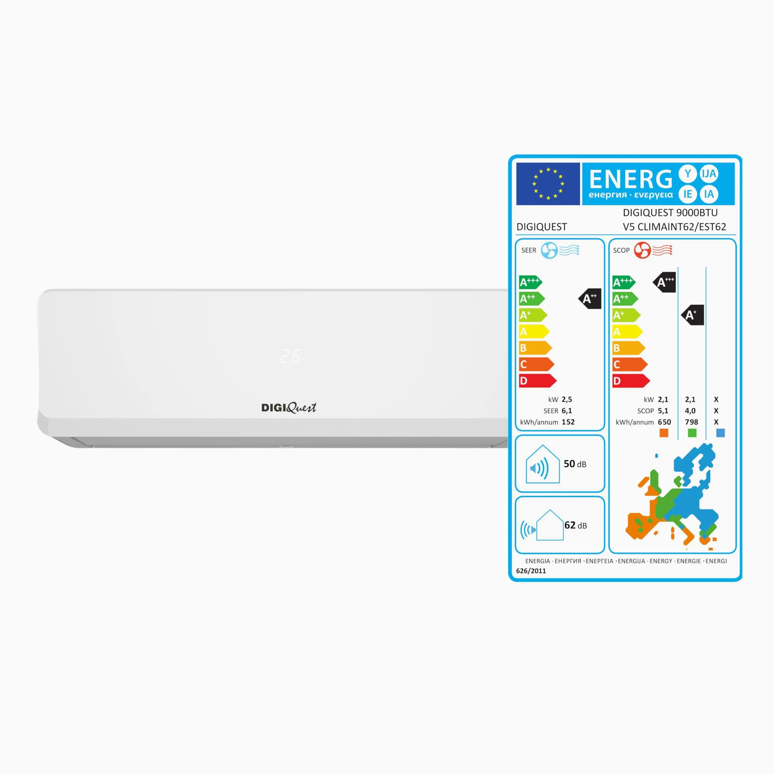 Digiquest Climatiseur inverter V5 9000BTU, Wifi intégré, R32, classe d'efficacité énergétique A+++ refroidissement//A+++ chauffage, I Feel, flux d'air 3D, turbo, nuit, SEER 6,1, SCOP 5,1, CLIMA00062