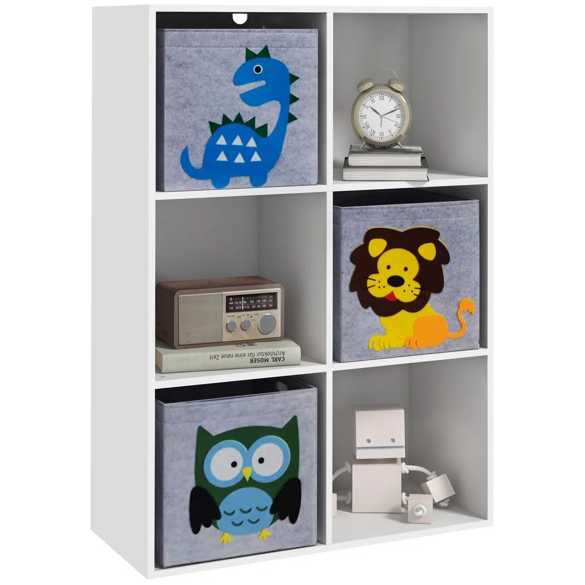 ZONEKIZ Meuble de Rangement pour Enfant, étagère pour Chambre d'enfants, bibliothèque, 6 Cases, 3 Cubes paniers en Tissu Motif Animaux pour Salle de Jeux, 62 x 30 x 91,5 cm, Blanc
