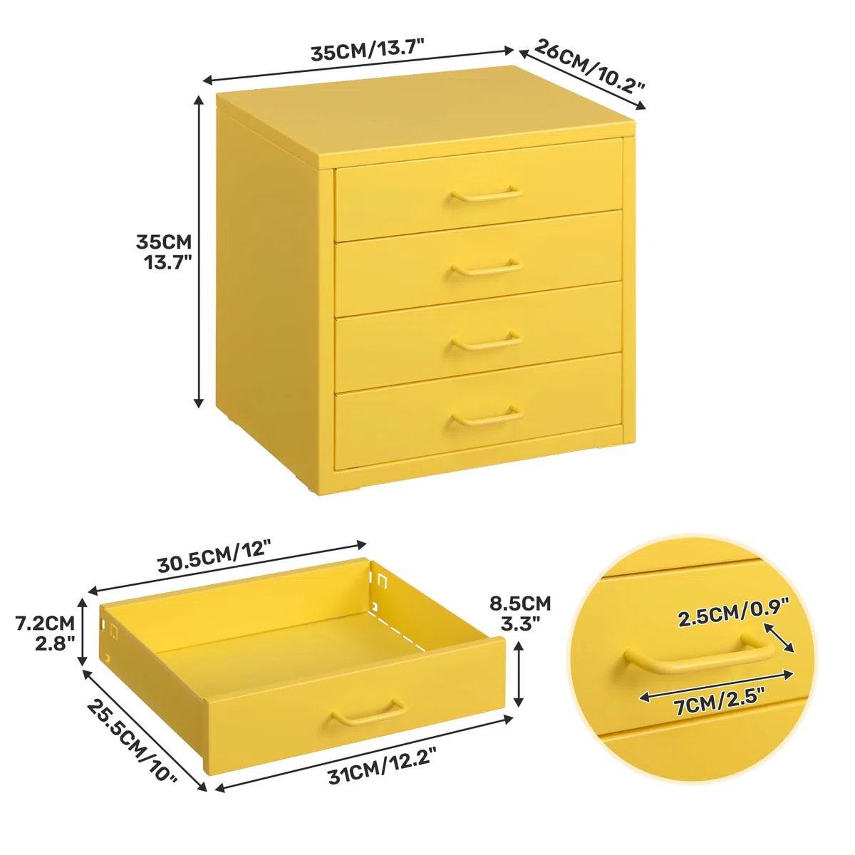 HollyHOME Armoire de rangement verticale avec 4 tiroirs, armoire de rangement verticale pour lettre A4, tiroir de rangement en métal pour le bureau à domicile, montage soi-même, jaune clair