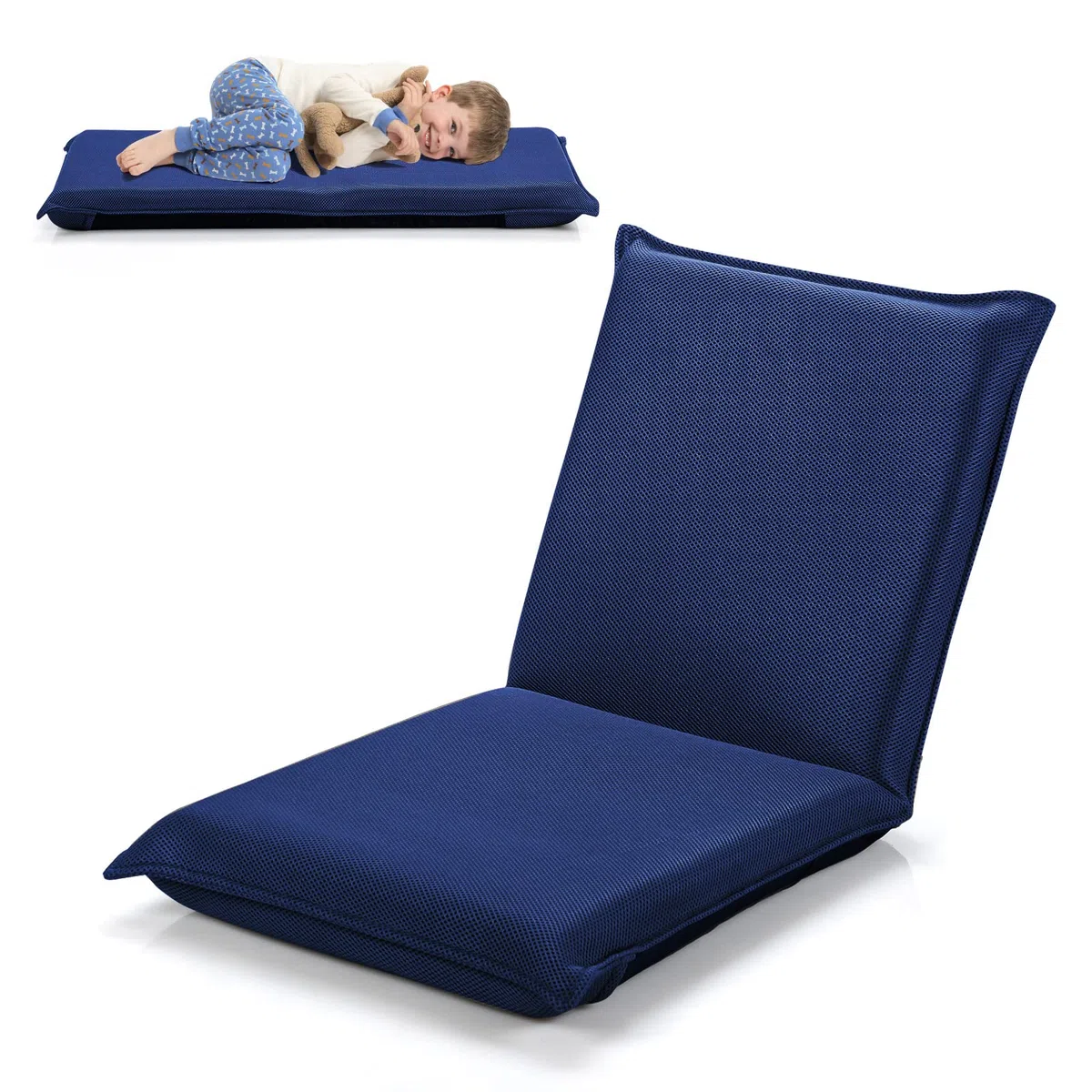 RELAX4LIFE Chaise de Sol Pliante avec Dossier Réglable en 6 Position, Tatami pour Lire & Jouer & Méditer dans Salon, Chambre, Bureau, (52-98) x44x(47-7) cm (Bleu foncé)