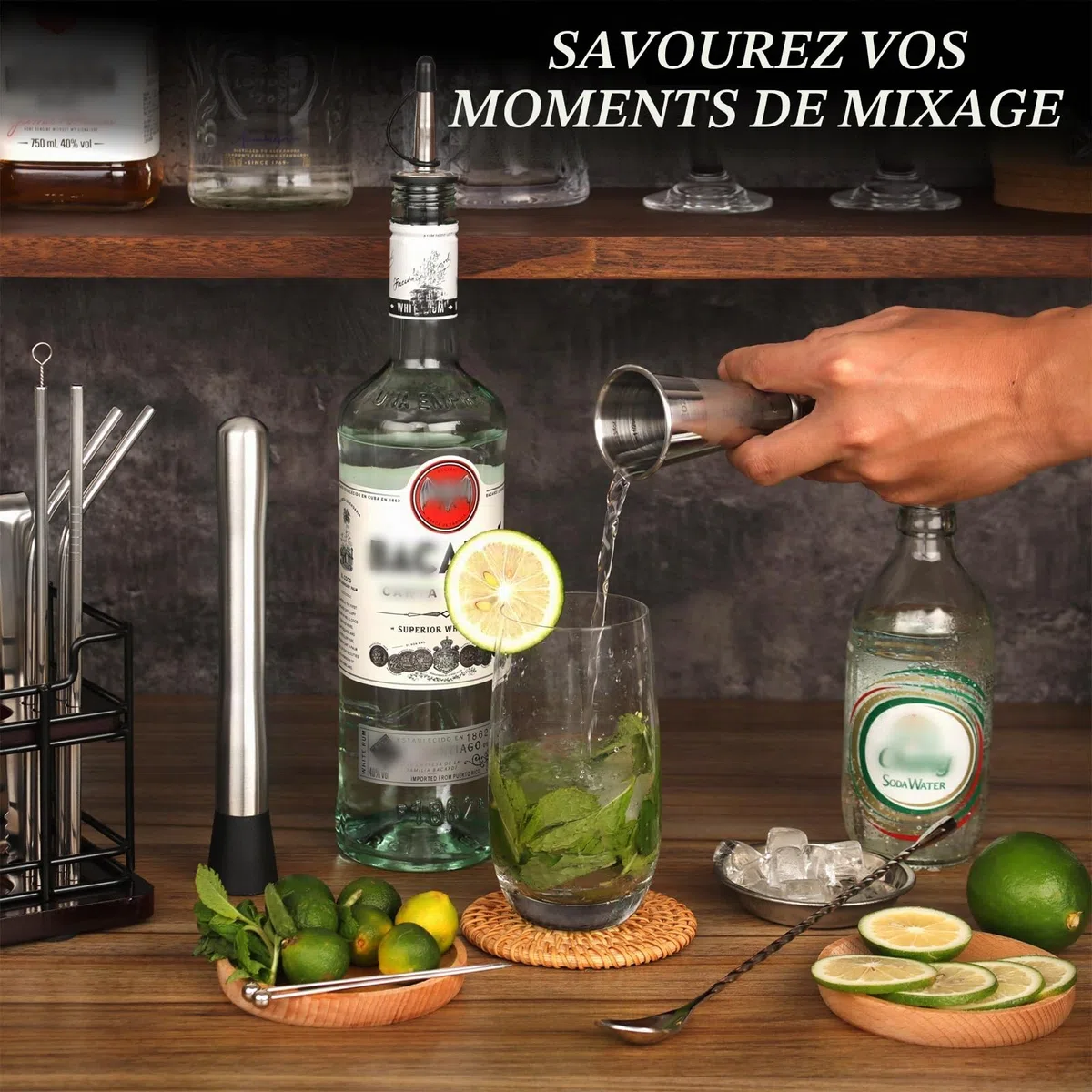 Boston Shaker à Cocktail 20 pièces avec Support, kit Cocktail 825 ML en INOX, Comprenant doseur Cocktail, Pilon et Autres Accessoires Pros, Set Machine à Cocktails pour fêtes, Maison et Bar (argenté)