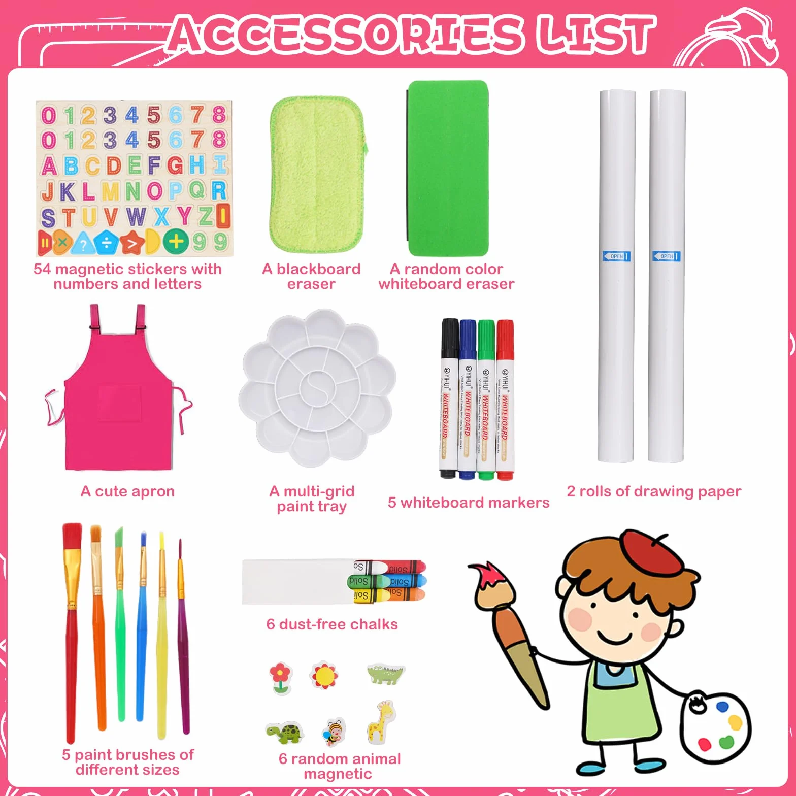 3 en 1 Chevalet Enfant avec Rouleau de Papier, Rangement et Kit de Dessin, Tableau Double Face Enfant, Tableau de Griffonnage pour Kids, Planche à Dessin pour Enfants à partir de 4 ans
