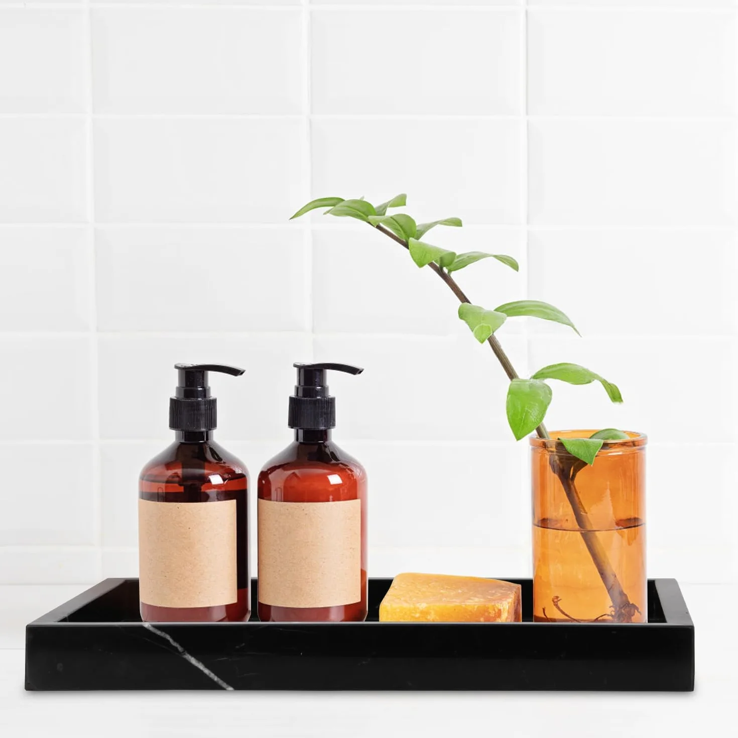 Plateau de Salle de Bain Plateau Marbre Naturel Luxueux Polyvalent Plateaux Décoratif pour Cosmétiques, Plans de Travail, Cuisine, Clés, Café, Parfum, Bijoux (Noire et Blanche, 30 x 20 x 3 cm)