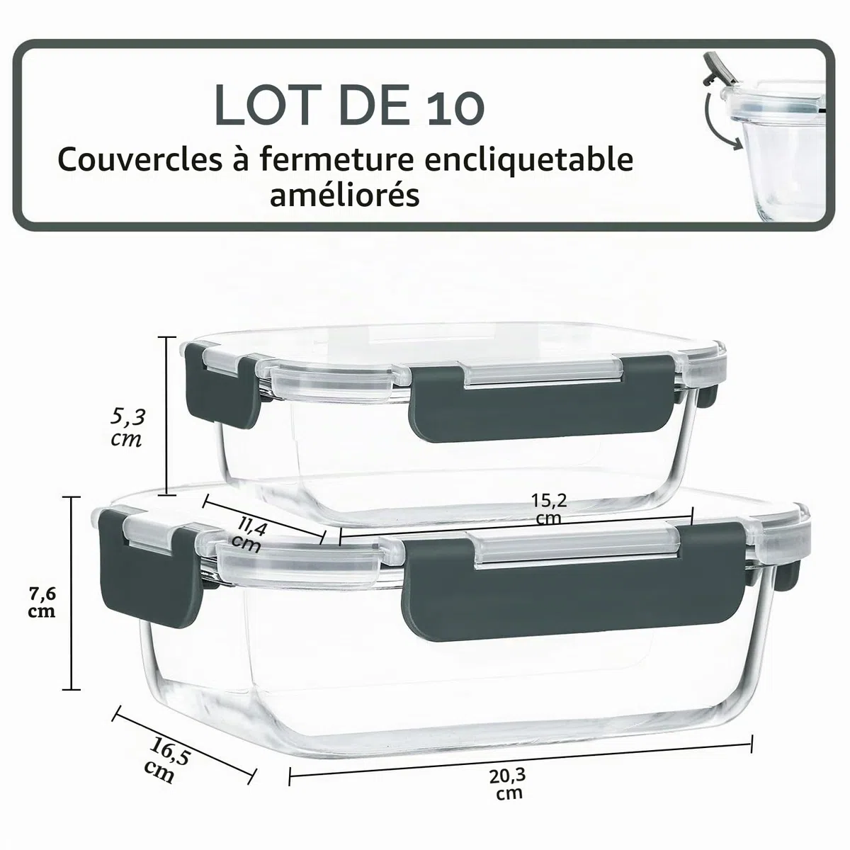 MCIRCO Lot de 10 boîtes de conservation en verre avec couvercles à verrouillage à vie hermétiques pour micro-ondes, four, congélateur et lave-vaisselle