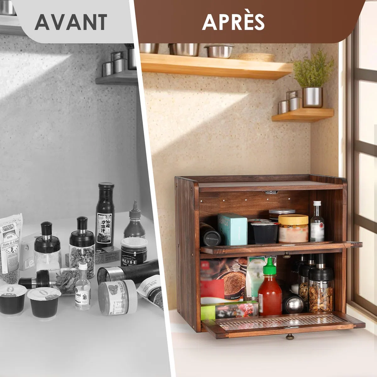 GUUSII HOME Boîte à pain en bois pour comptoir de cuisine, grand récipient alimentaire fait maison avec ouverture frontale vintage pour fruits et légumes, 36,5 x 24 x 34 cm (marron, L)
