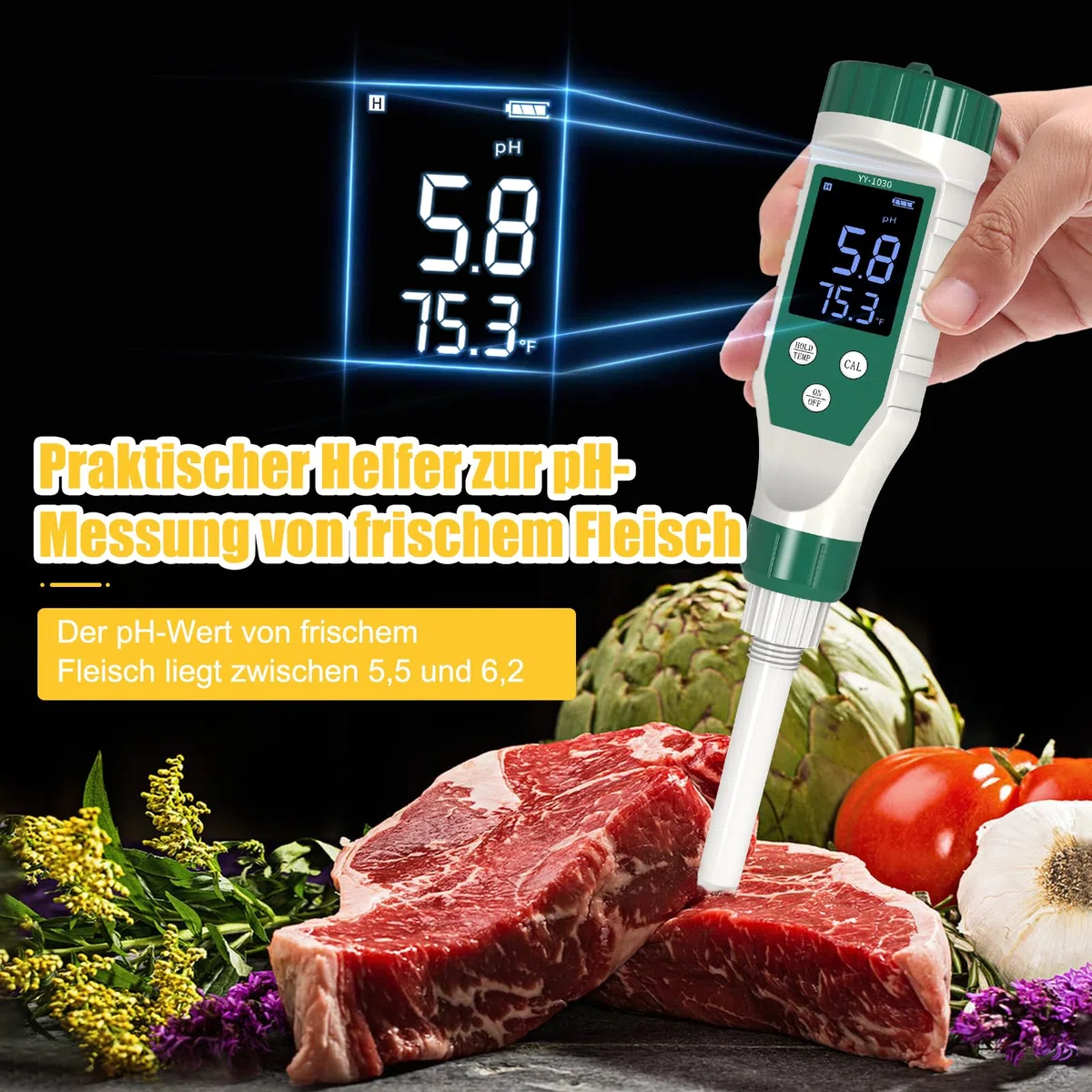 pH-mètre, Testeur de pH Numérique pour Aliments avec Sonde de Haute Précision, pH-mètre Étanche pour Viande, Pain, Fromage, Pâte, Crème et Eau