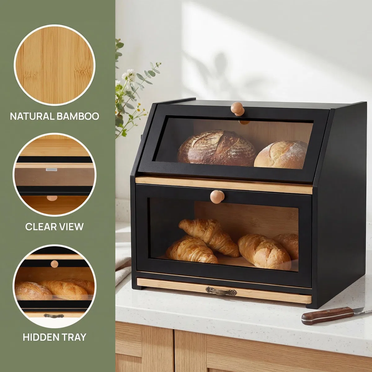 OHMG Boîte à Pain Bambou 2- Couche Countertop Boîte à Pain en Bois de Bambou pour Cuisine, Huche à pain,Nature,pour le stockage du pain,26 * 39 * 32.5cm