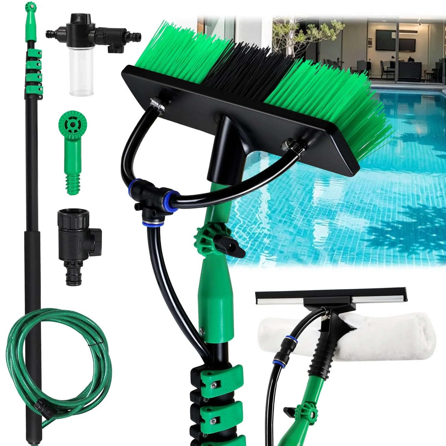 Brosse de lavage télescopique 3,6 m, avec manche télescopique en aluminium, brosse télescopique avec raccord d'eau, nettoyage des installations PV, brosse télescopique, avec poils souples