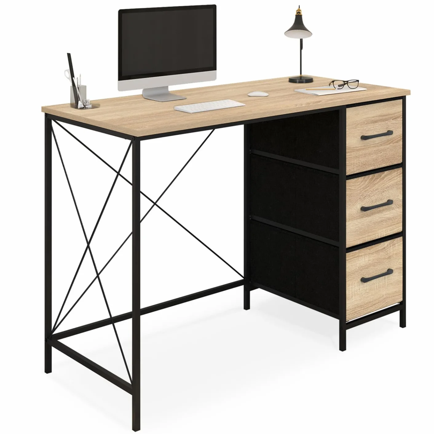 IDMarket - Bureau 3 tiroirs en Tissu Utah Bois et Noir Design Industriel