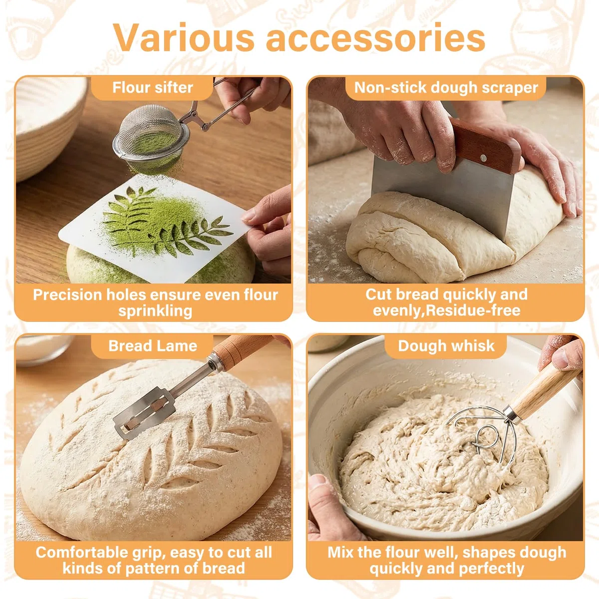 Banneton Pour Pain, Kit Boulangerie Levain, Corbeille a Pain en Rotin Naturel 23 cm Rond et 25 cm Ovale, Panier Fermentation Pain set pour les Débutants et Professionnels