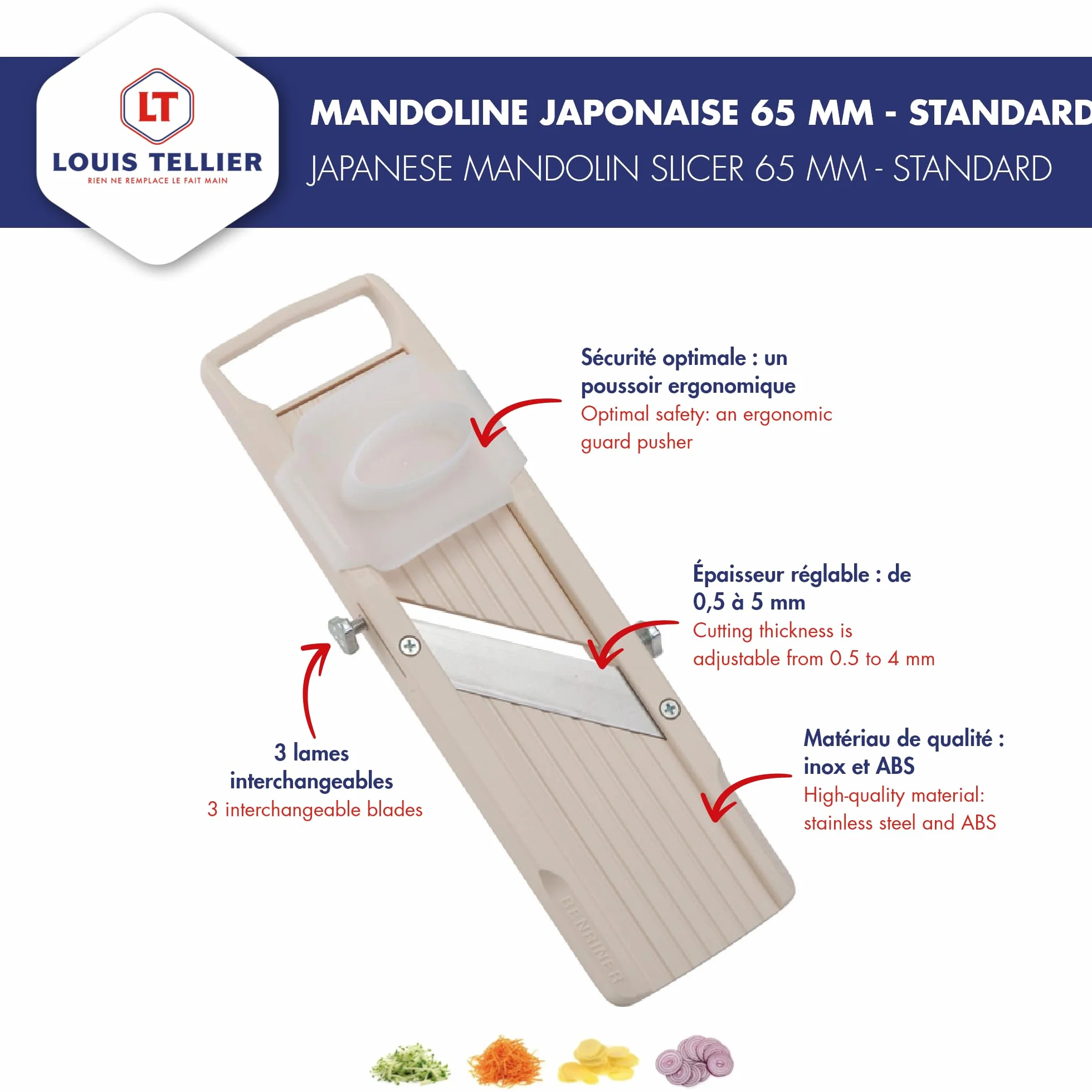 Benriner - Mandoline Japonaise Standard 65 mm - ABS + INOX - Tranche Fruits et Légumes et Réalise Frites et Juliennes - 3 Lames Interchangeables - Épaisseur Réglable