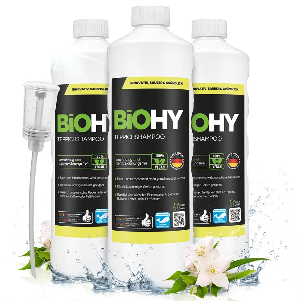 BiOHY Shampoing pour Tapis (3 x 1l Bouteille) + Distributeur | Concentré de nettoyant pour tapis | idéal pour enlever les taches tenaces | bien toléré par les animaux (Teppichshampoo)