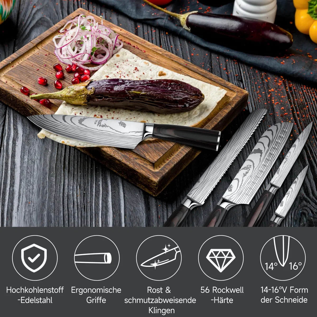 Couteau Cuisine Couteau Japonais Acier Inoxydable à haute teneur en carbone avec Poignée Ergonomique, Couteaux de Cuisine Professionnel (5PCS)