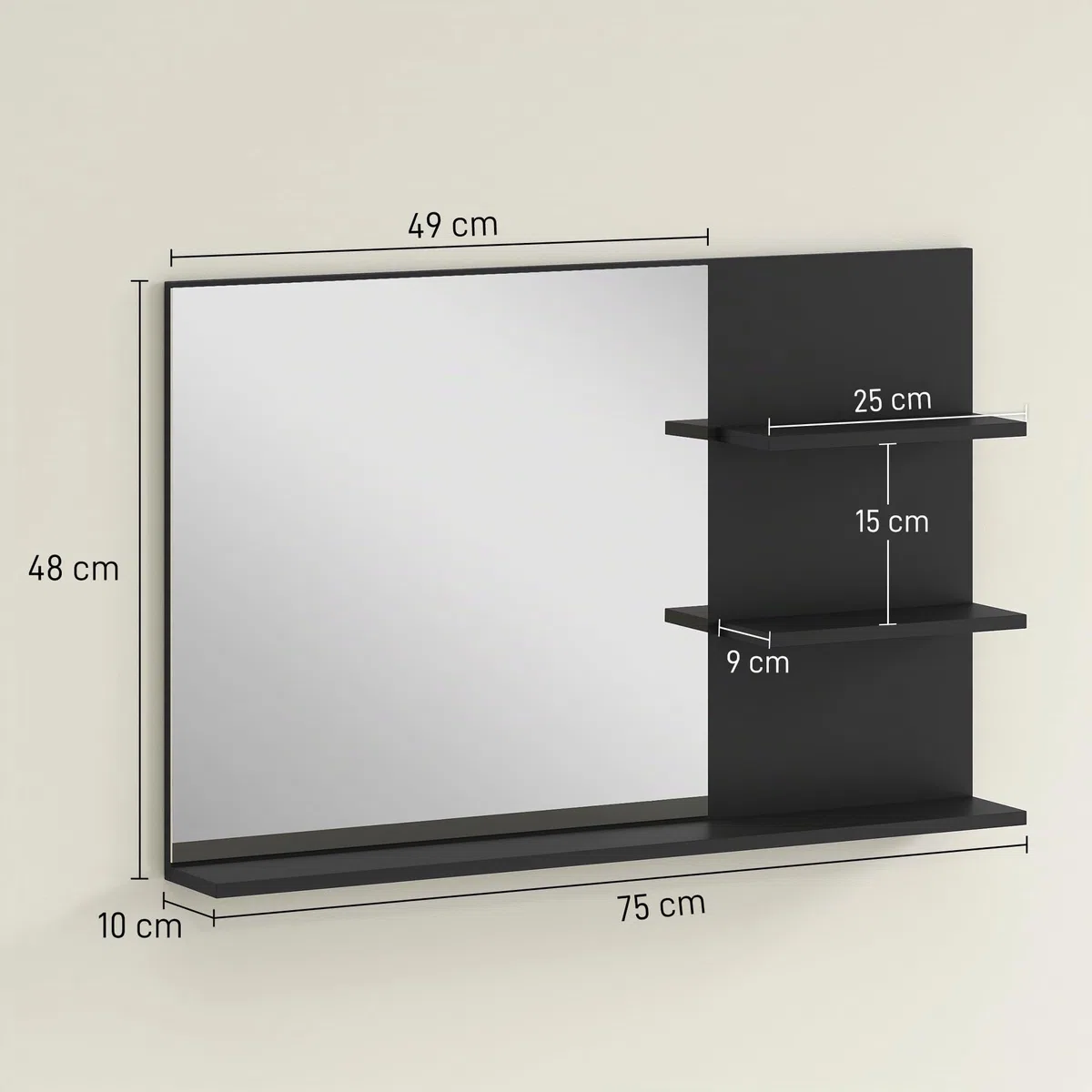 kleankin Miroir de Salle de Bain Moderne avec 2 étagères latérales et Une étagère inférieure, Miroir Mural en MDF et Verre, 75x10x48 cm, Noir