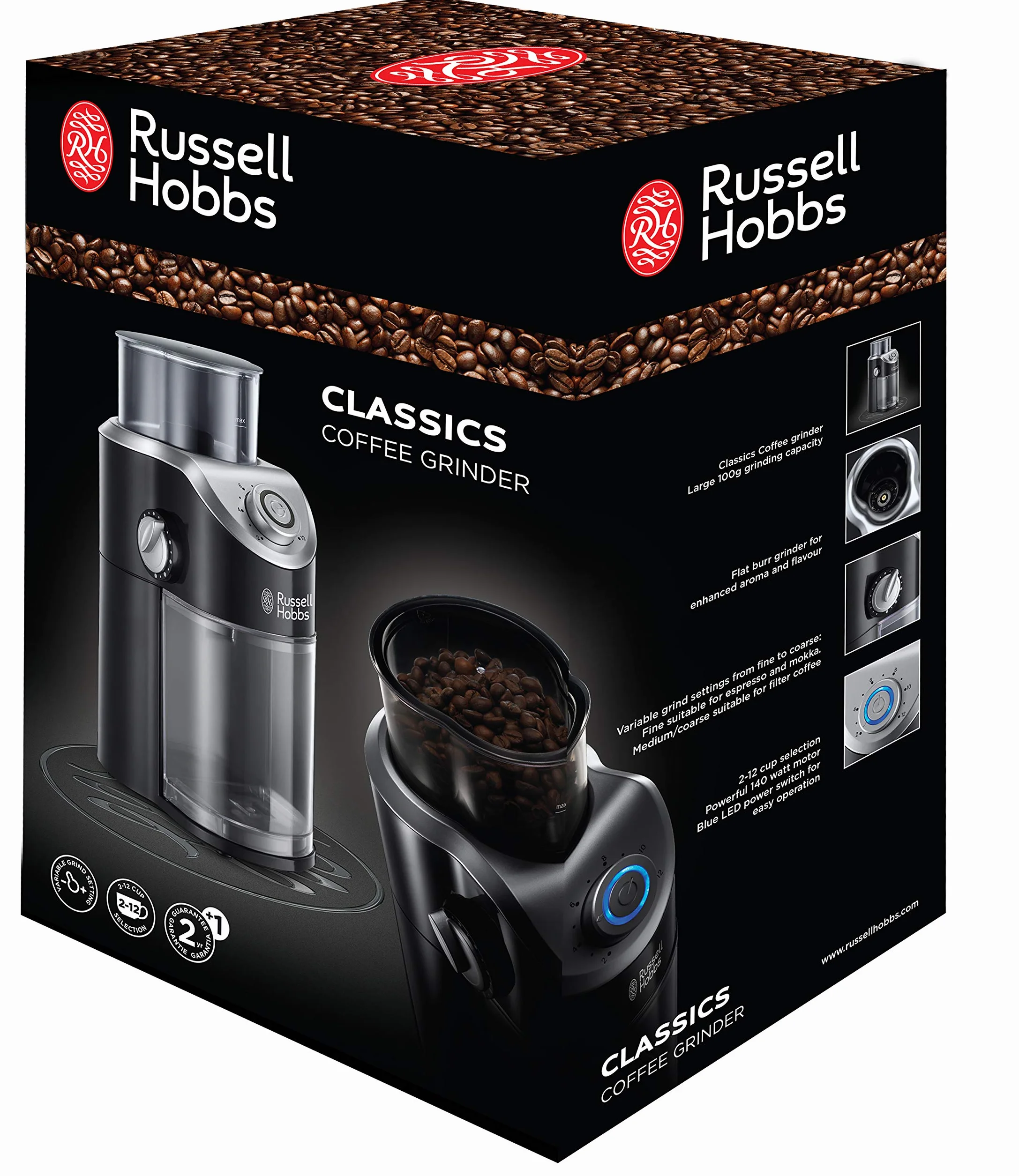 Russell Hobbs Moulin à café [électrique à meule plate] Classics (réglages variables de mouture: fine à grossière, 2 à 12 tasses, pour grains de café, noix, épices, céréales, indicateur LED) 23120-56