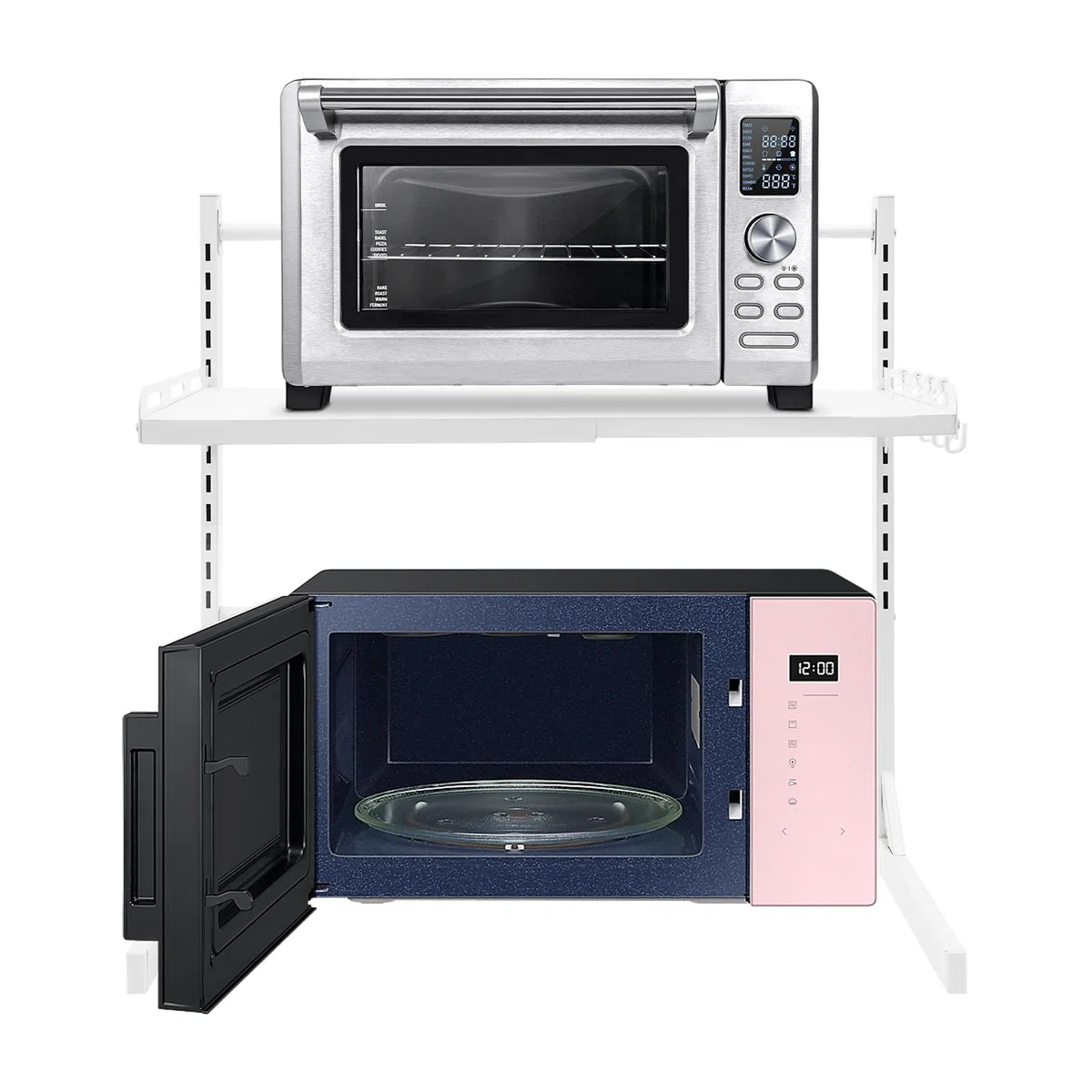 Étagère extensible pour micro-ondes avec 4 crochets, 2 niveaux, hauteur réglable de 27 à 52 cm, support pour micro-ondes, boulangerie, organisateur pour plans de travail de cuisine, blanc