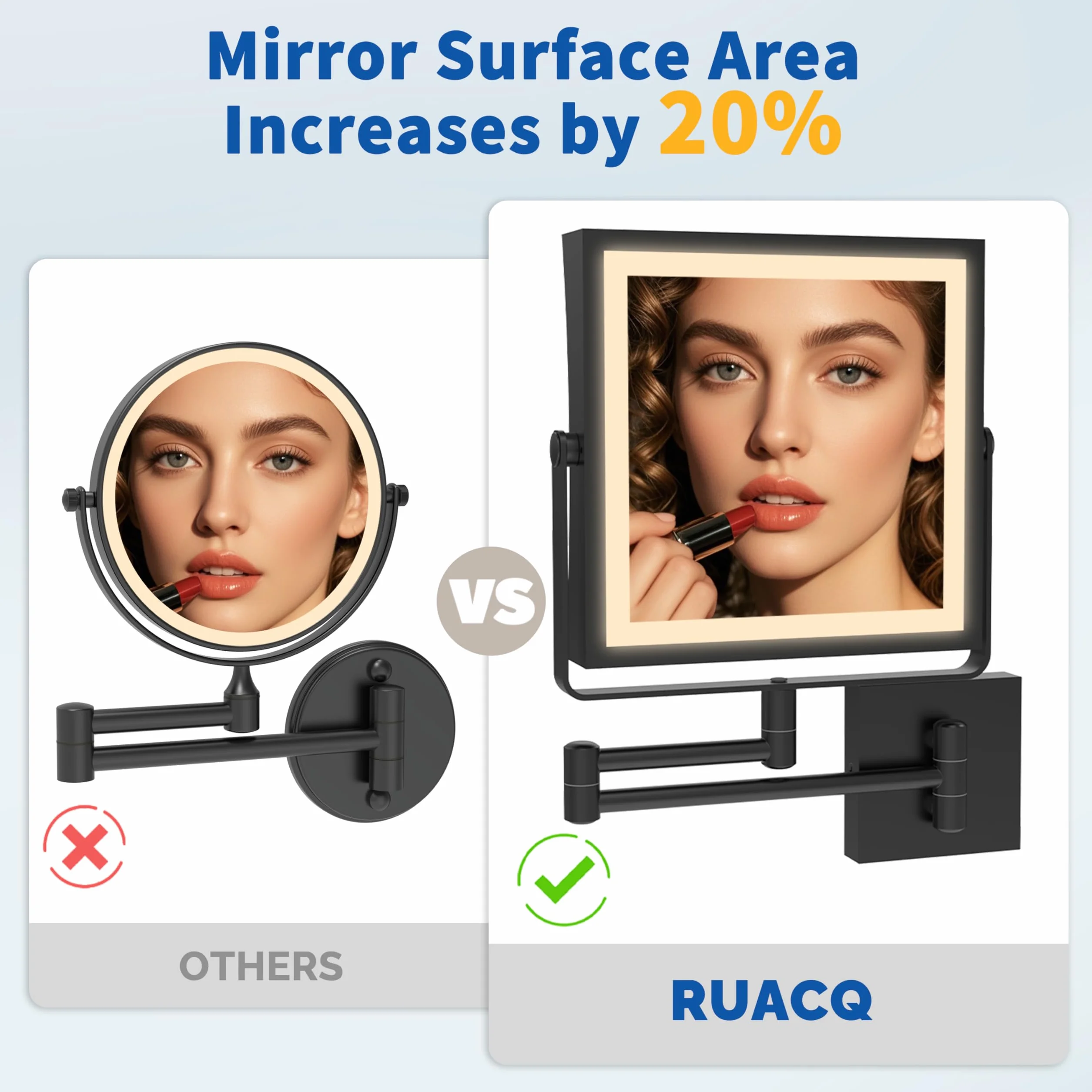 Ruacq Miroir Mural LED Rechargeable 1X/10X, 3 lumières, Tactile dimmable, Rotation 360°, Bras Pliable (Noir Mat)