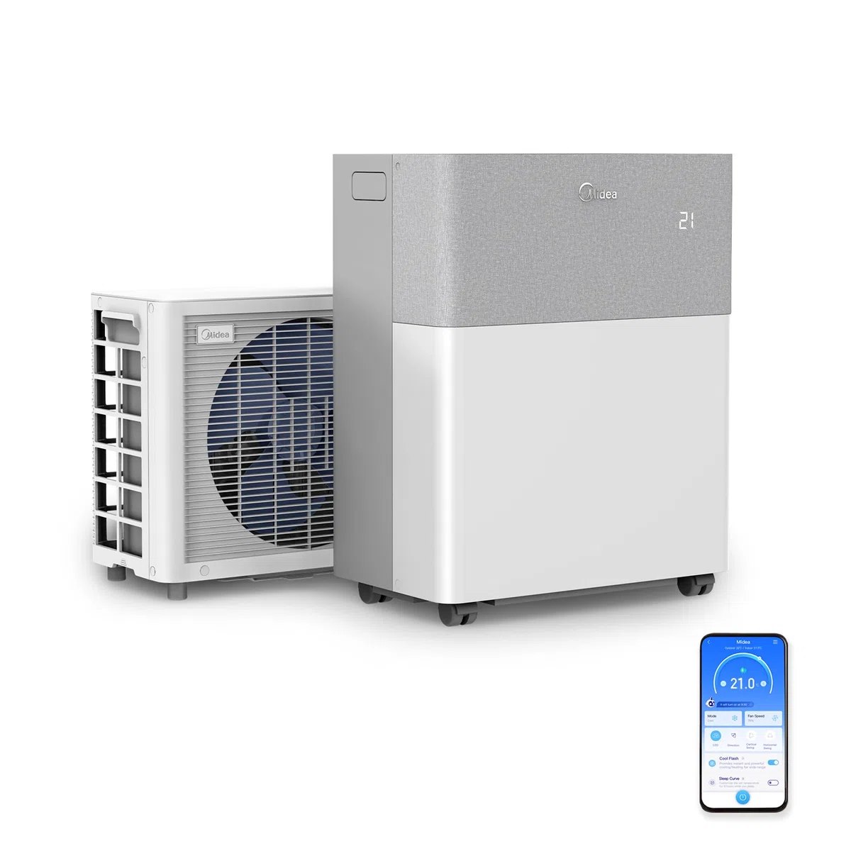 Midea Portasplit - Pompe à chaleur mobile - Refroidissement A++/chauffage A+, 12 000 BTU 3,5 kW - Pour pièces jusqu'à 42 m²/105 m³ - Seulement 39 dB(A) en mode silencieux