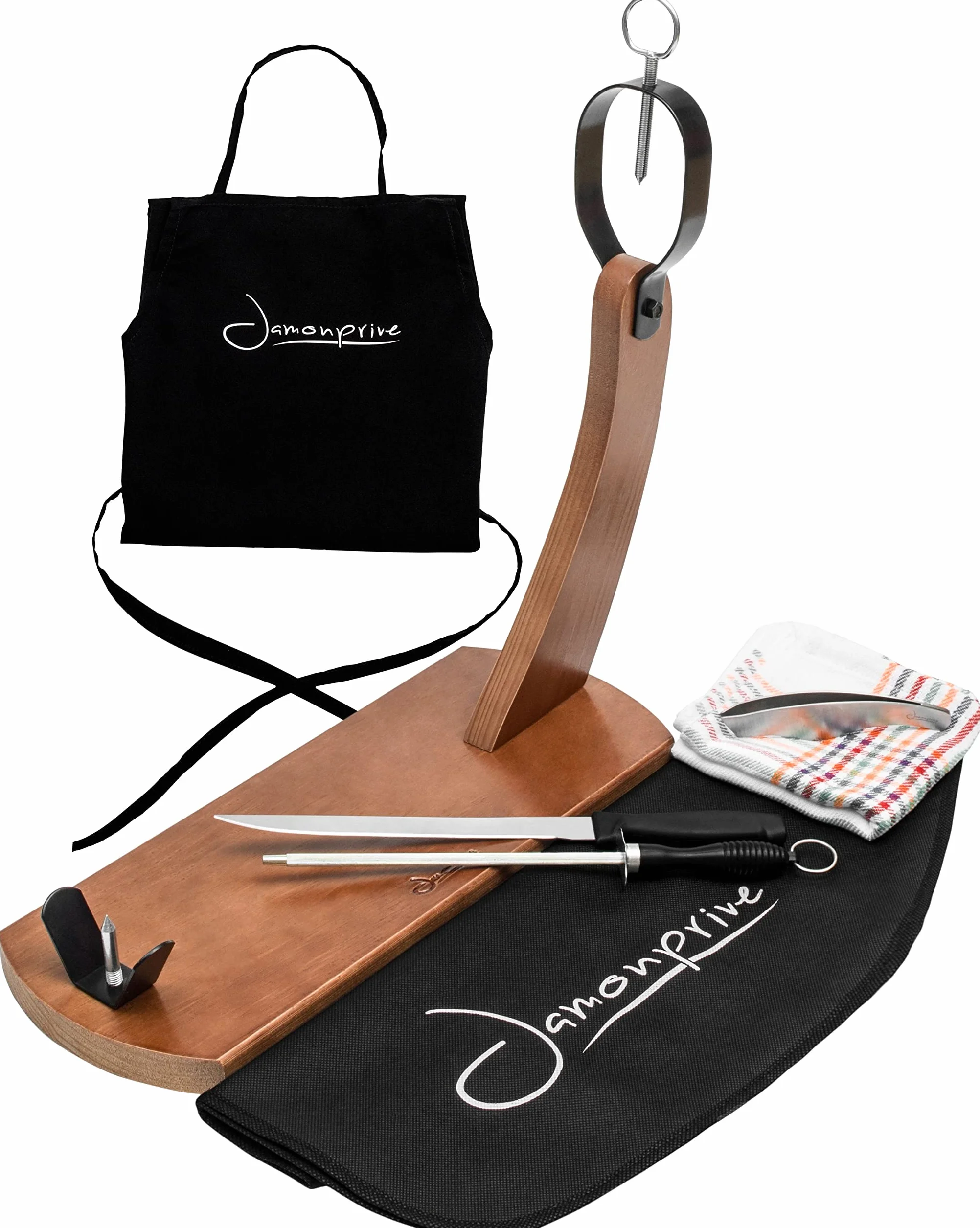 Jamonprive Support à Jambon Professionnel Laqué avec Couteau + Fusil à Aiguiser + Couvre Jambon + Torchon + Tablier + Pinces - Porte-Jambon Idéal pour le Jambon Serrano, Ibérique et le Prosciutto