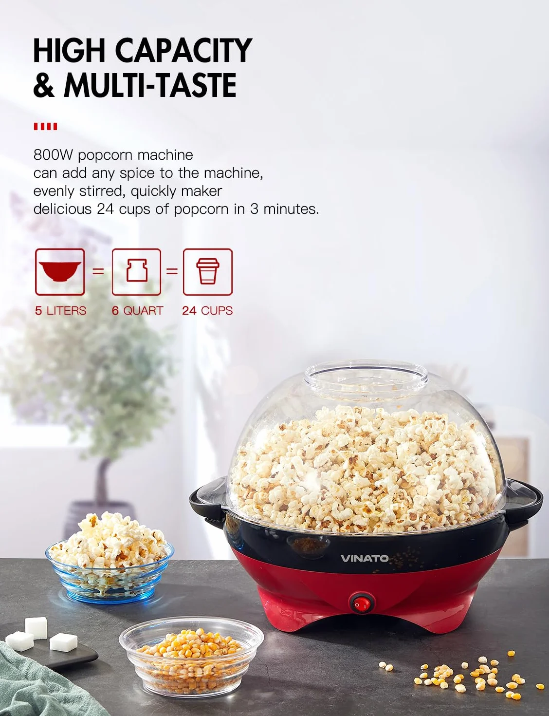 VINATO Machine a Pop Corn, Machine à Pop Corn 5L Grande pour la Maison, avec Revêtement Antiadhésif et Surface de Chauffe Amovible, Machine Pop Corn Silencieuse et Rapide