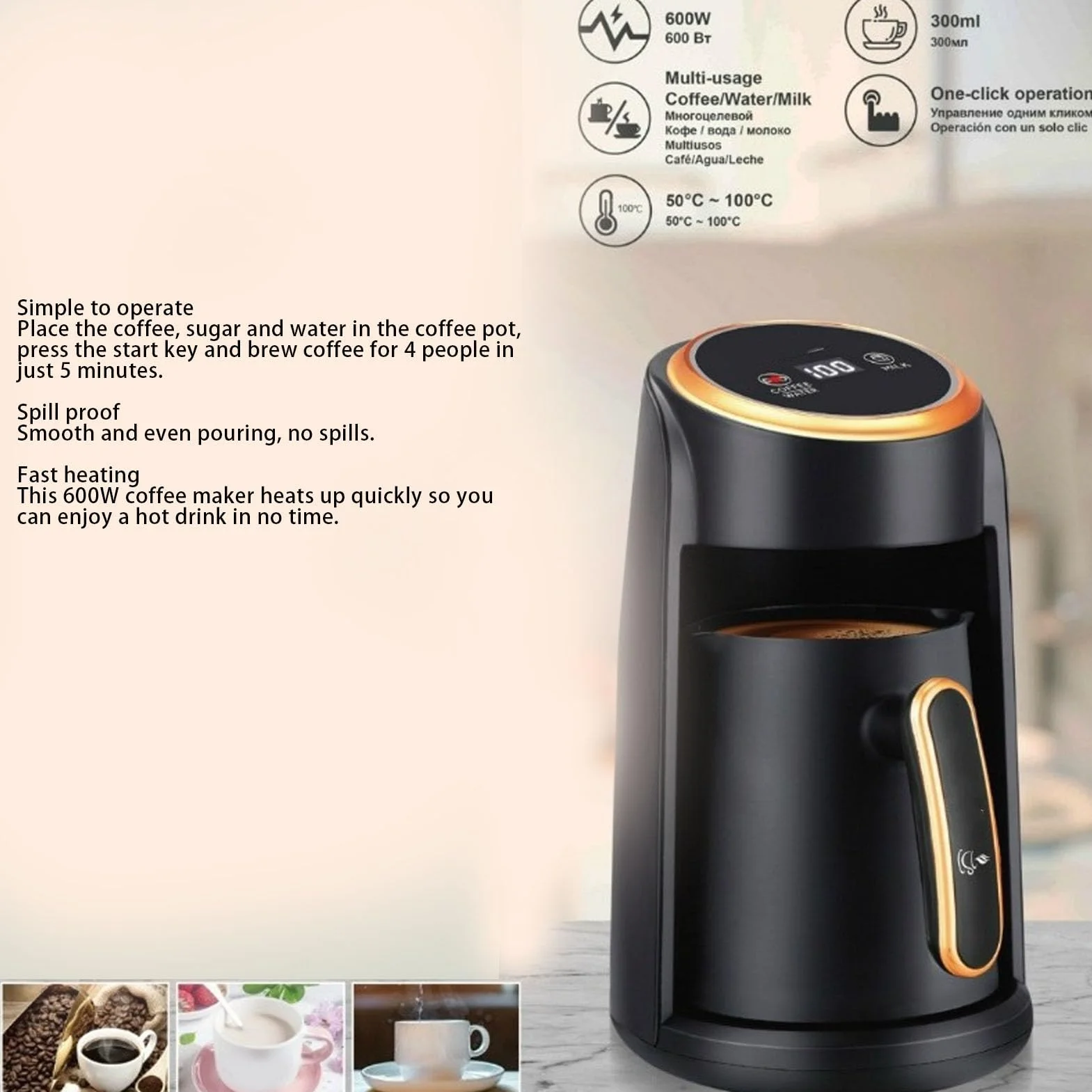 SIXRUN Cafetière Turque Électrique 600W, Machine à Café en Acier Inoxydable 300ml, Anti-débordement, Chauffage Rapide, pour Bureau et Maison