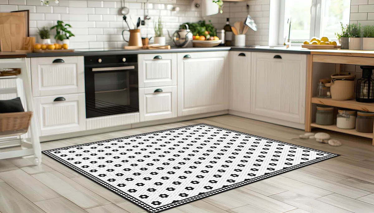 DobleUve Estudio Tapis Vinyle Rosetas Noir 50x100 | Tapis Cuisine Salon Antidérapant Antifongique Ignifuge | Tapis Enfants Bain PVC