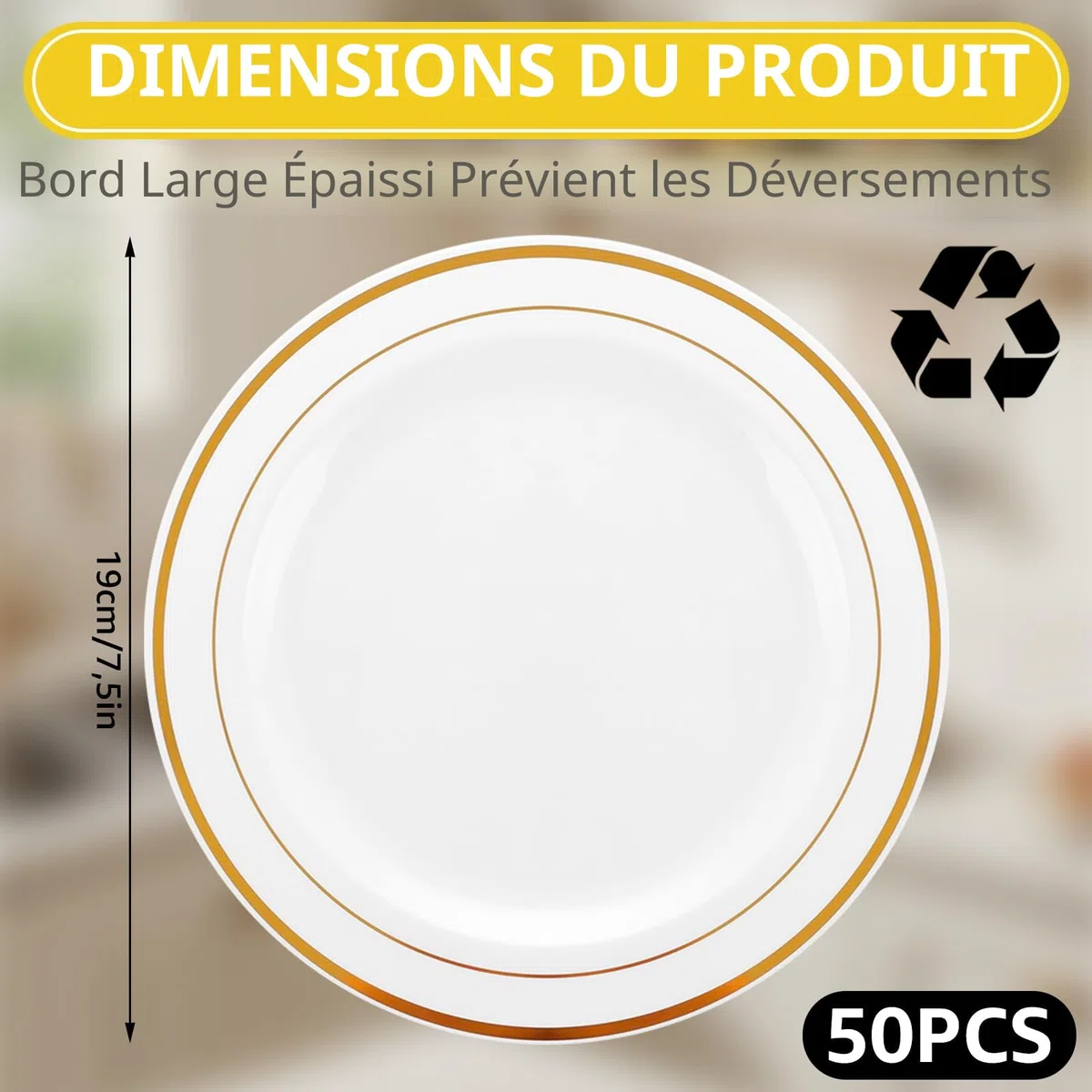 AKOLAFE 50 Pièces Assiette Plastique Reutilisable 20cm Assiette en Plastique Blanche Assiettes Dorées plastique Assiettes plastiques Rigide pour Mariages, Fêtes, Anniversaires, Noël et Baptêmes