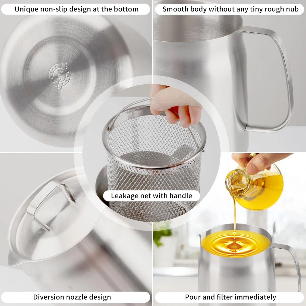 Pot De Filtre à Huile, 2L récipient d’huile en acier inoxydable stockage de graisse en pot avec couvercle Friteuse RéCipient Graisse Passoire Et Filtre à Mailles Fines Filtre à Huile Domestique