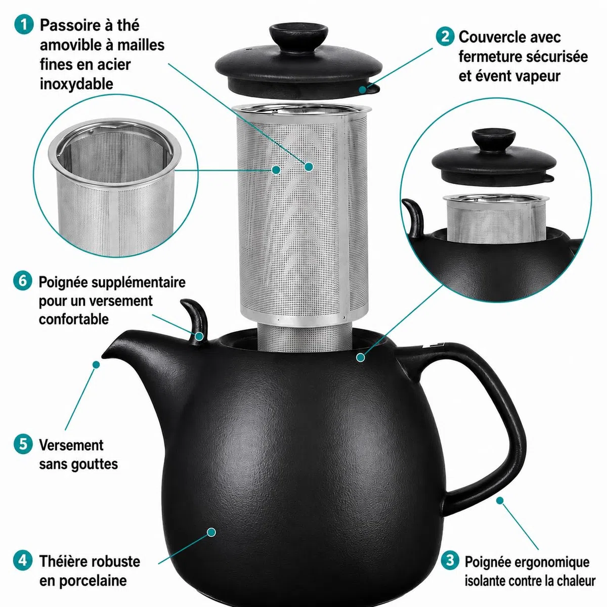 Théière "Copenhague" avec infuseur, 1,6 L, noire, en porcelaine, adaptée pour réchaud avec infuseur amovible en acier inoxydable à mailles fines. Théière en porcelaine.