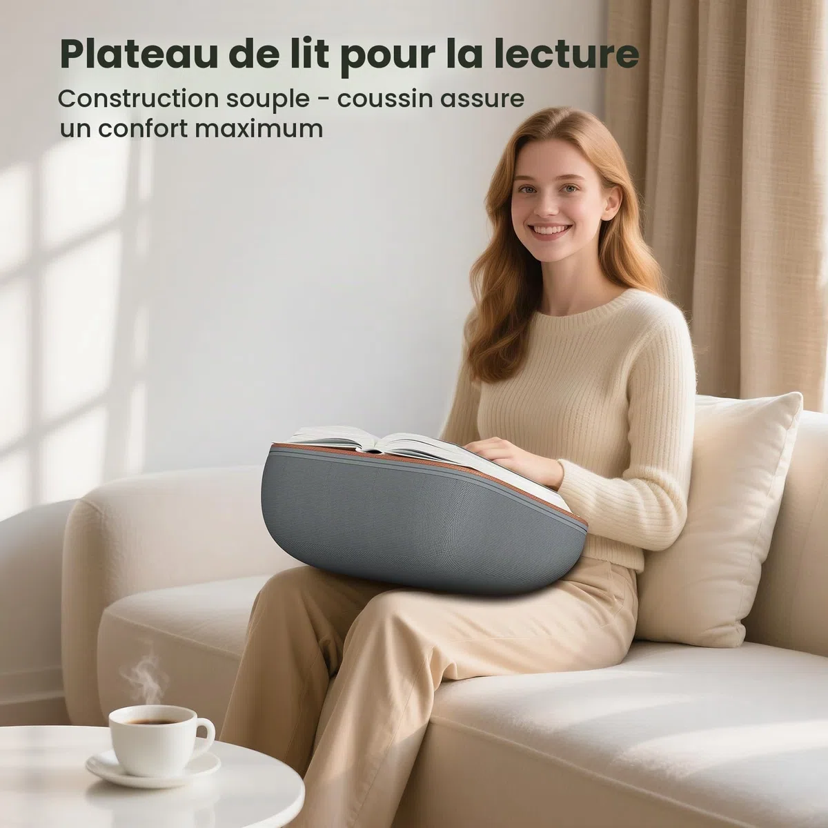 Tounee Support de lecture - Coussin beanbag ultra doux pour livres/tablettes - Lecture sans main lit/canapé - Réduit tension cervicale - Idéal lecteurs & tablettes - Gris