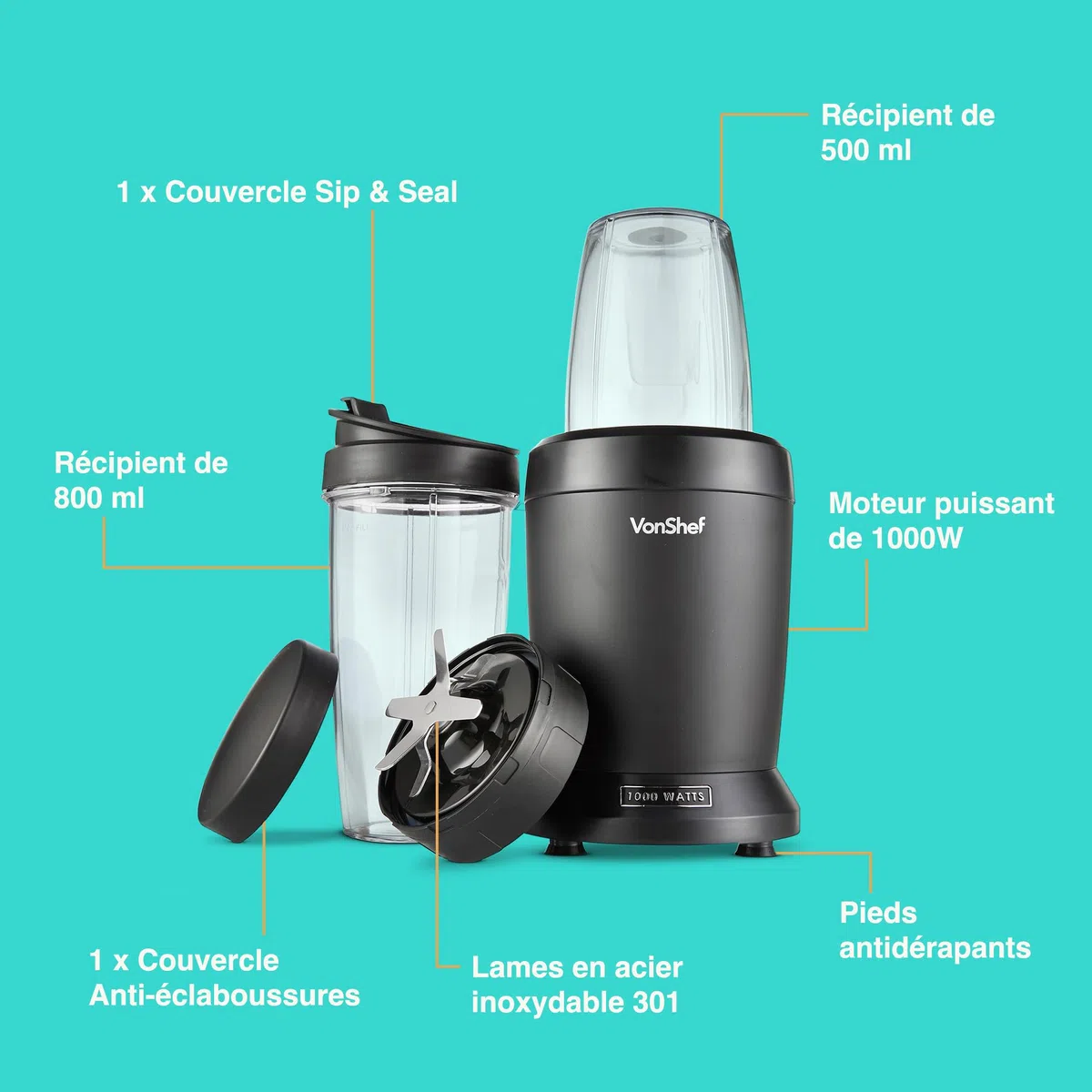 VonShef Blender Smoothie de 1000 W - Mini Mixeur Blender pour Fruits, Légumes et Glace Pilée - Avec Tasses de Voyage de 500 ml et 800 ml, 1 Bouton de Contrôle - Noir